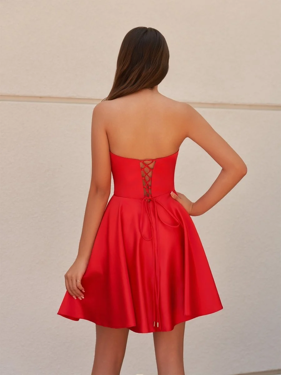 A-Line Strapless Satin Homecoming Dress with Pockets