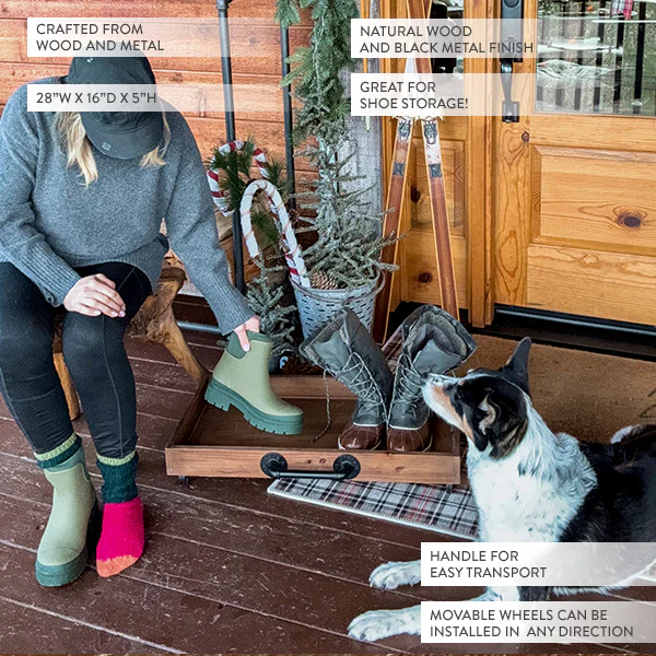 Rustic Wooden Shoe Tray With Wheels