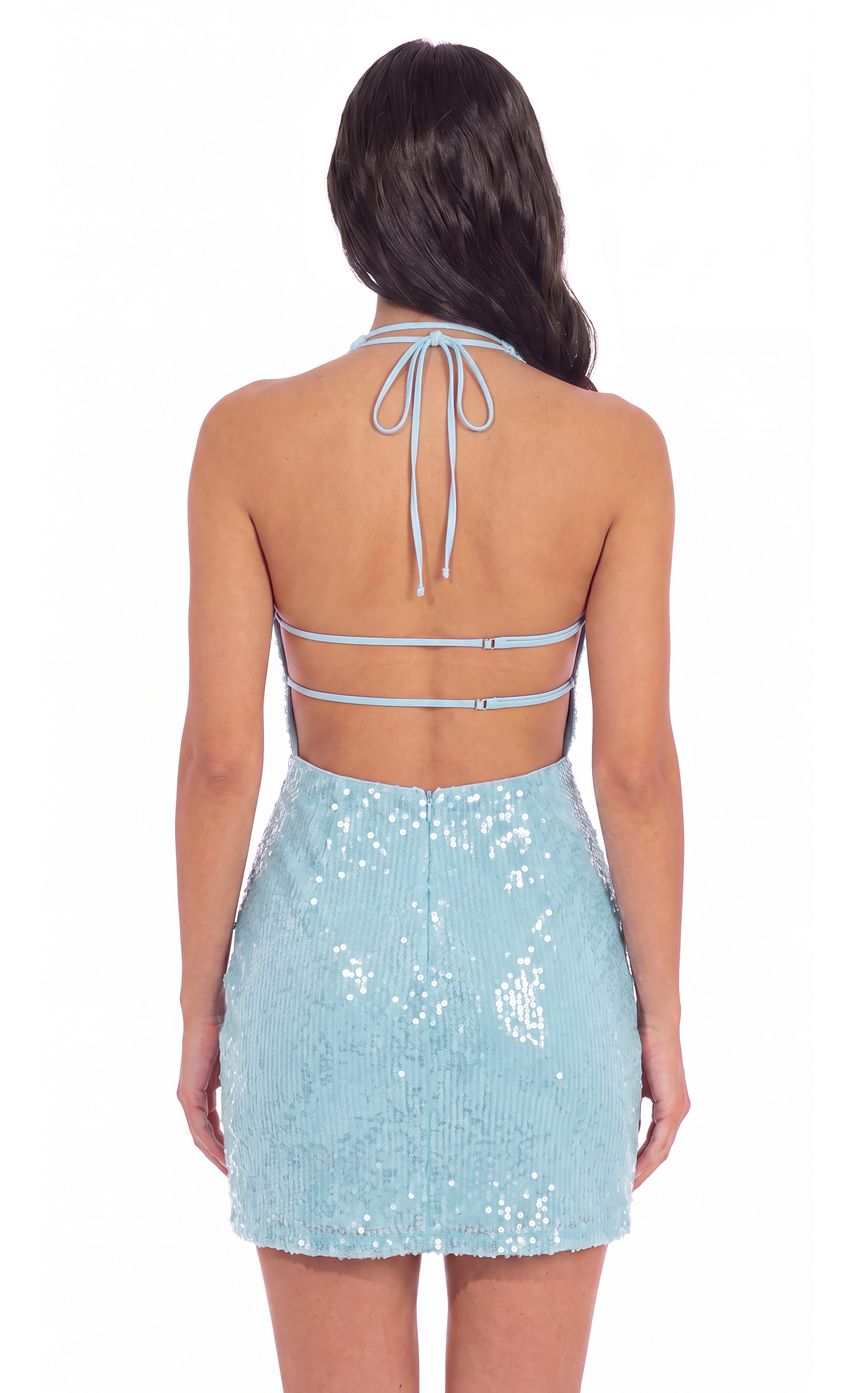 Sequin Halter Mini Dress in Light Blue - luluinthesky