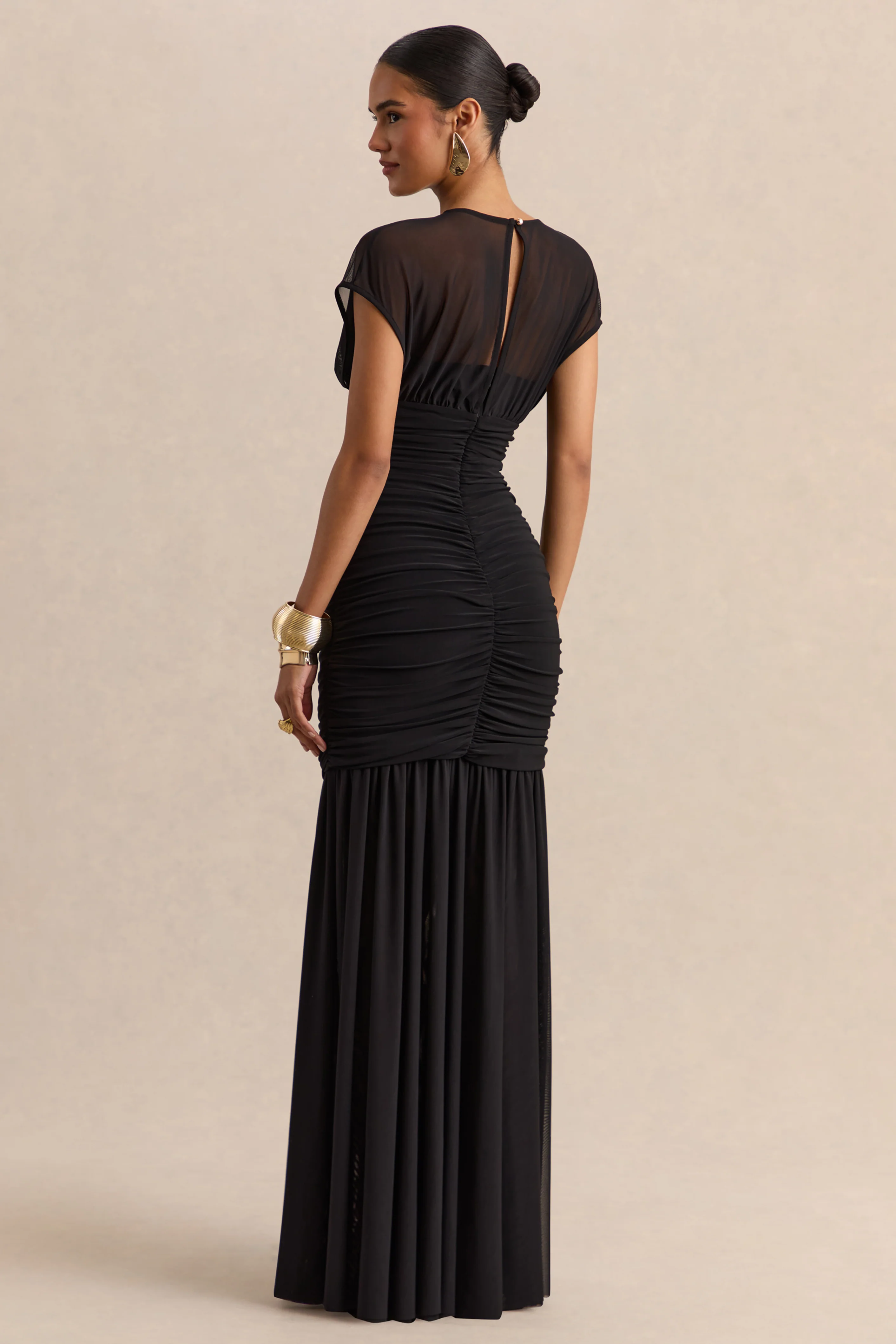Kalene | Black Wide-Neck Maxi Dress With Sheer-Detailing