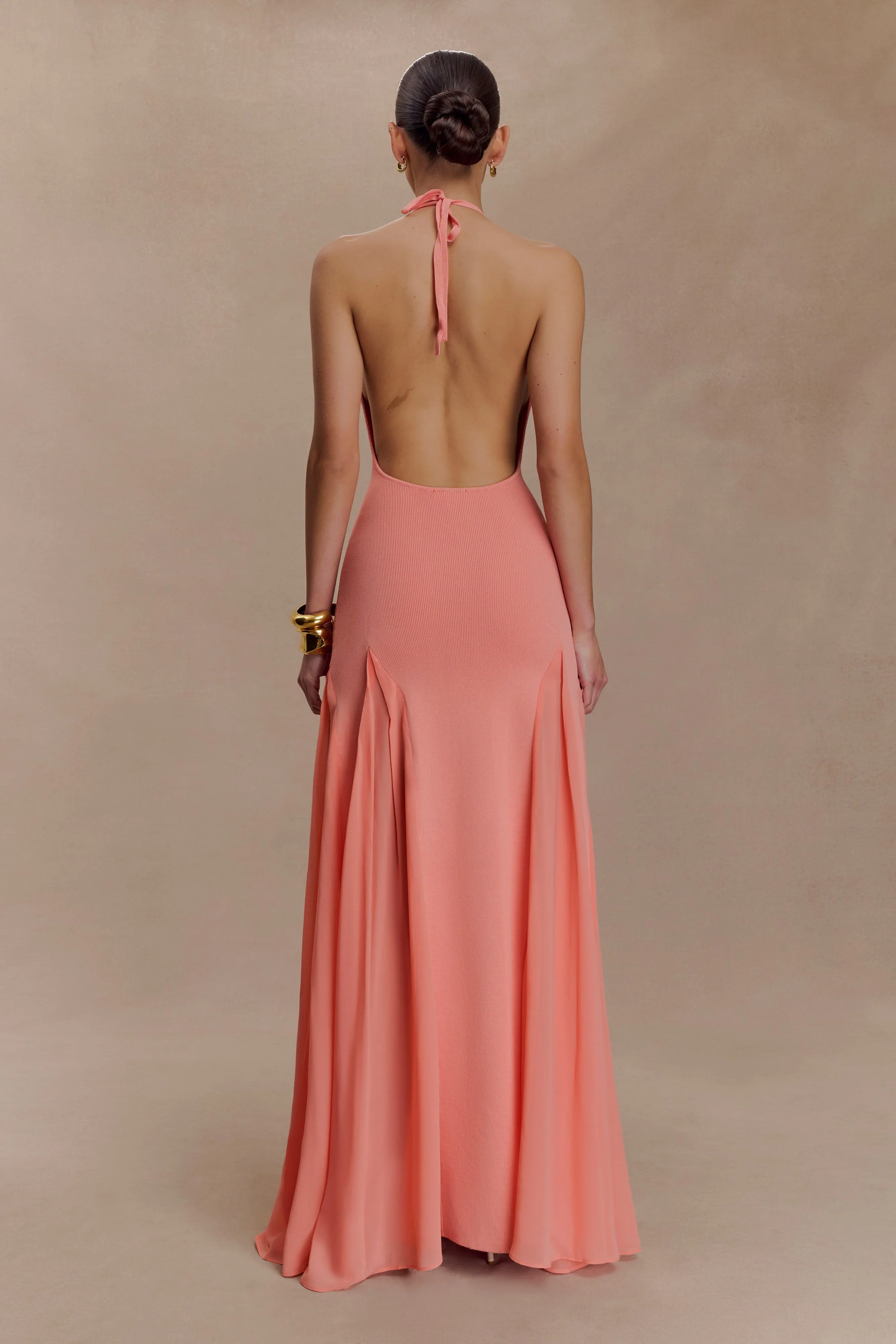 Soleil Knit And Mesh Halter Maxi Dress - Coral