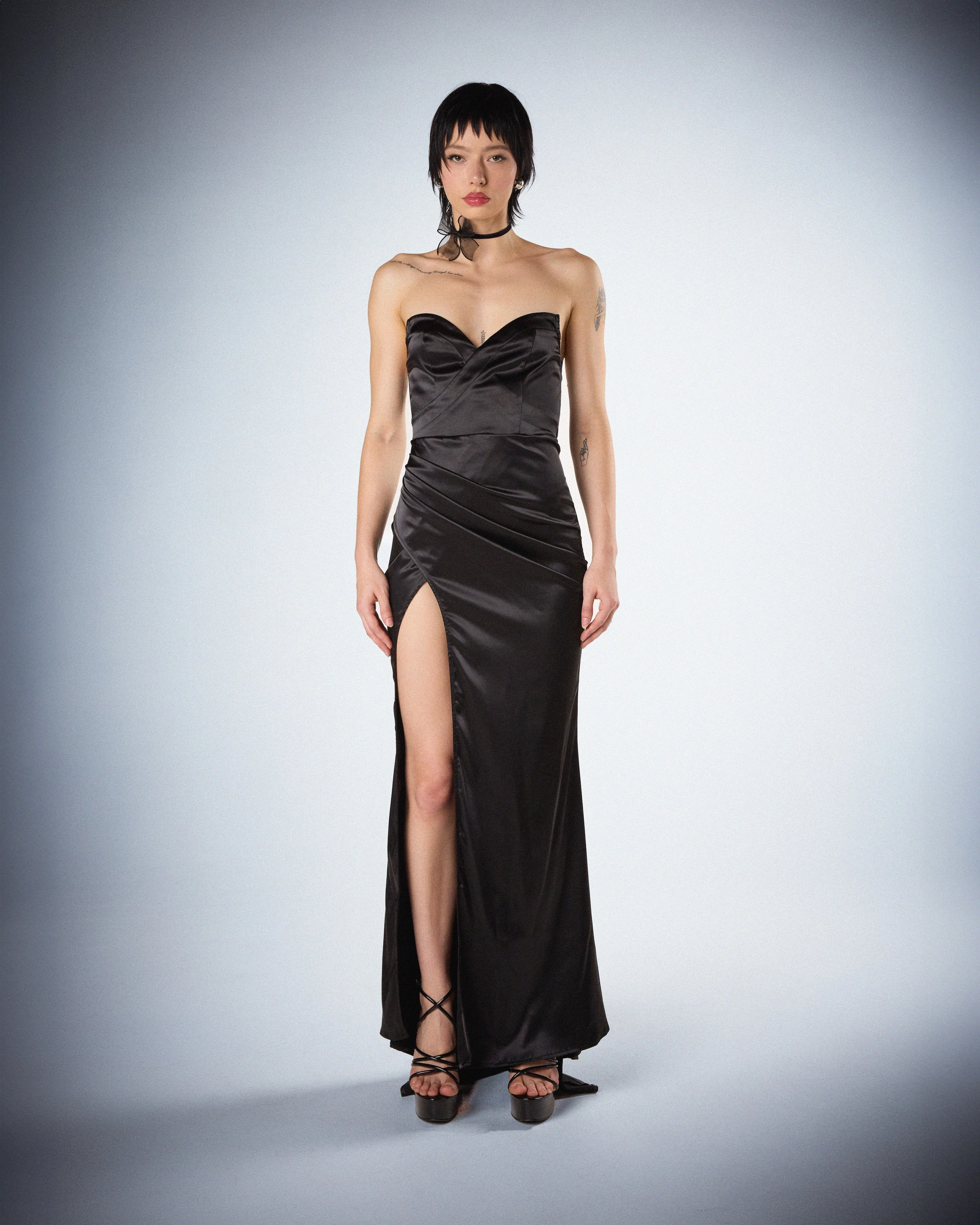 Suri Black Satin Strapless Gown