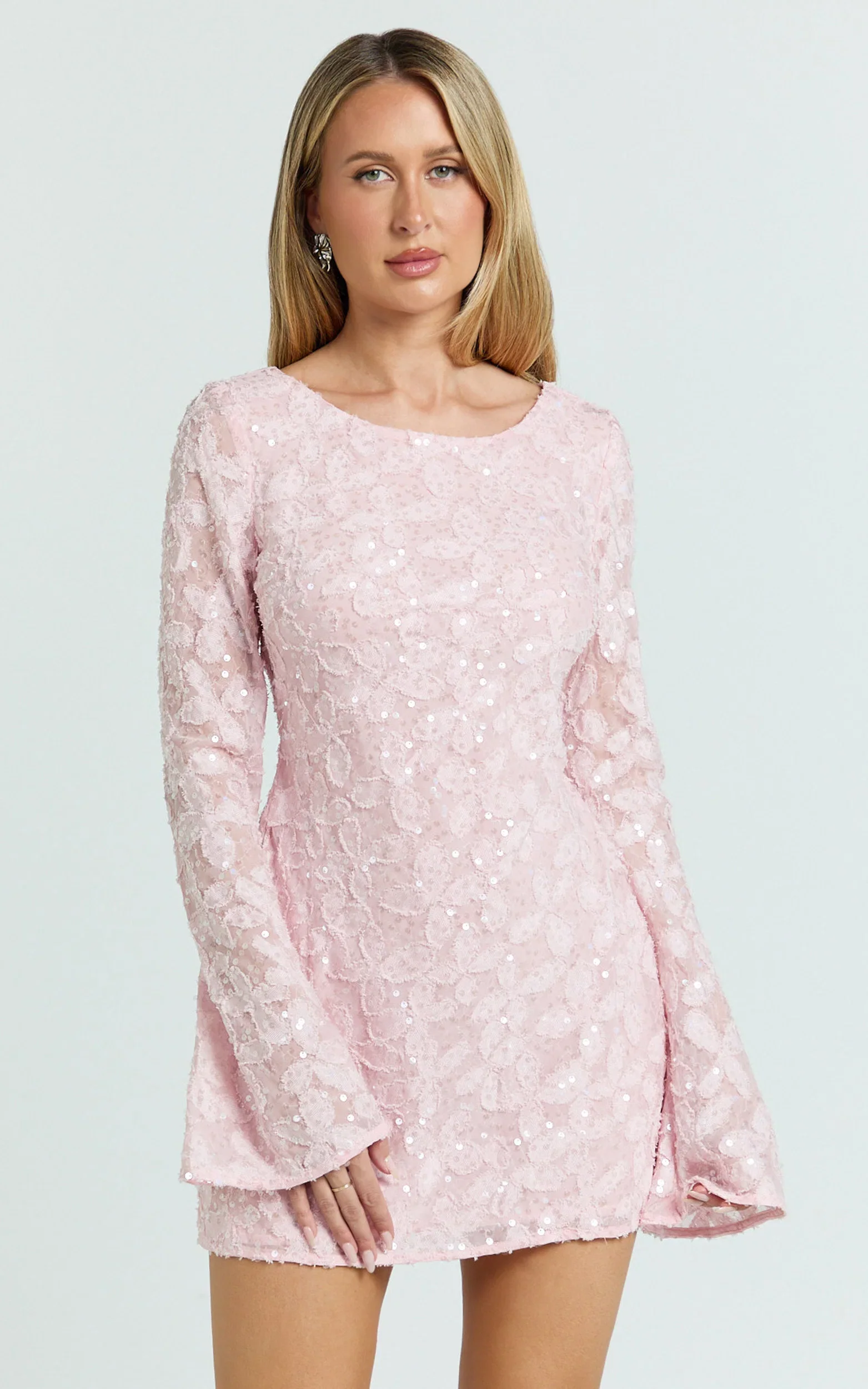 Terri Mini Dress - Long Sleeve Cowl Back Neck Dress in Pale Pink