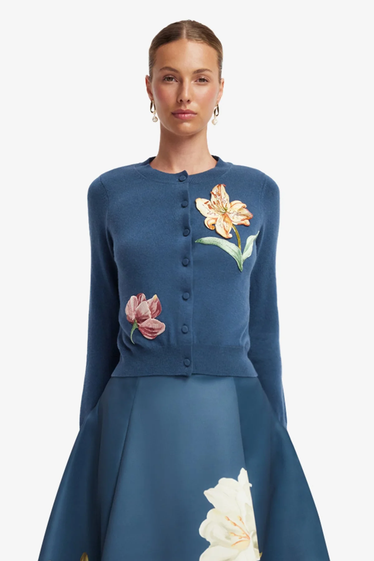 Claire Embroidered Cashmere Blend Cardigan - Lily Print in Indigo