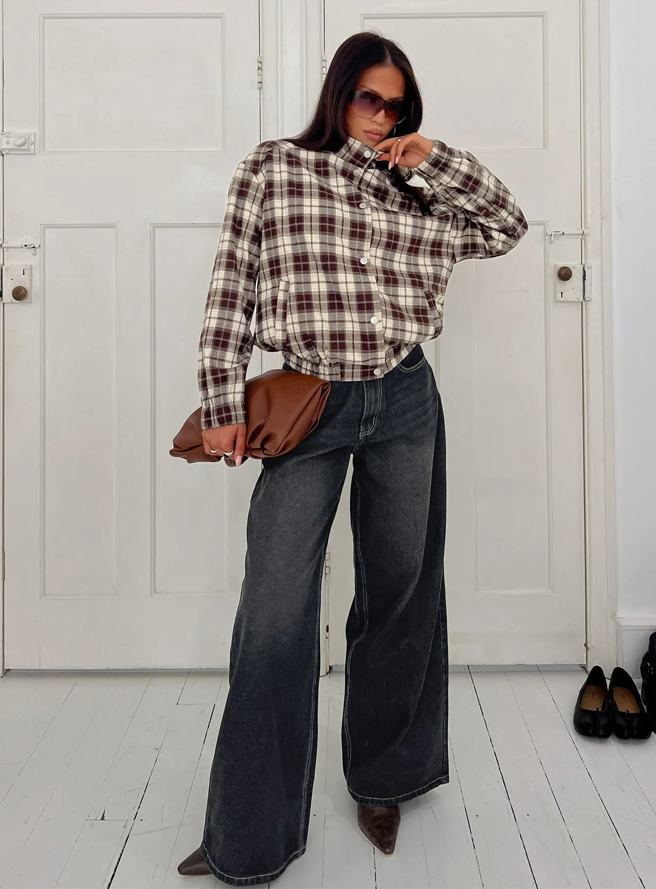 Khodana Funnel Neck Button Down Jacket Brown Check