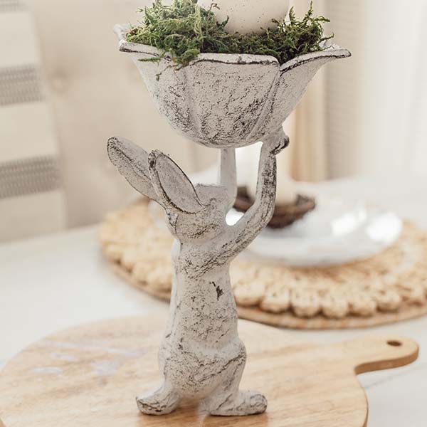 Distressed Antique White Cast Iron Rabbit Bird Feeder