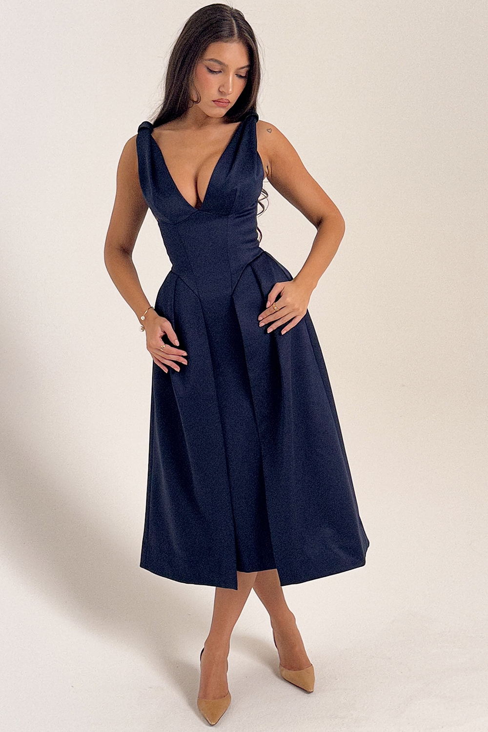 Midnight Twist Strap Satin Midi Dress