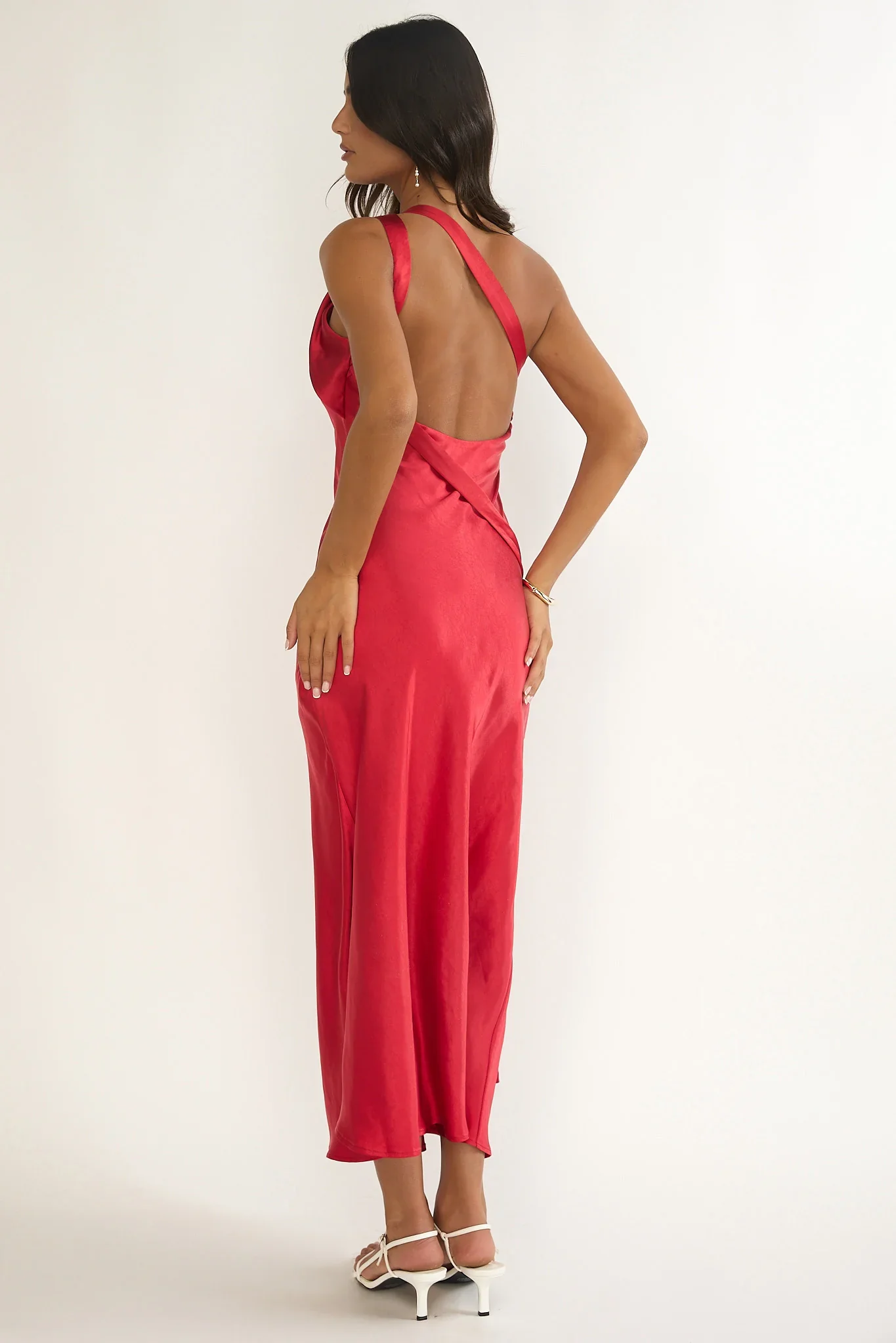 Star Fall One-Shoulder Rosette Maxi Dress Red