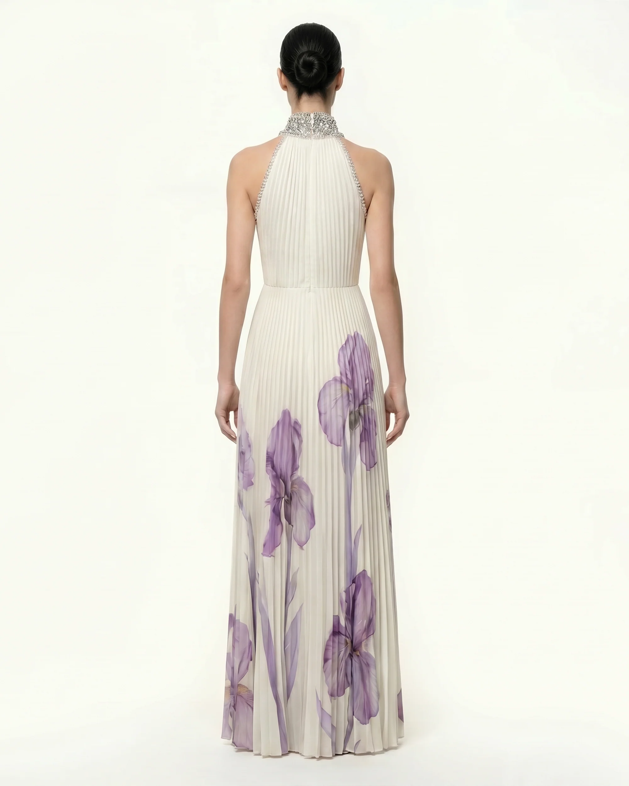 Jeweled-neck Halter Pleated Iris Print Maxi Dress - White/Purple - FASHION NOB