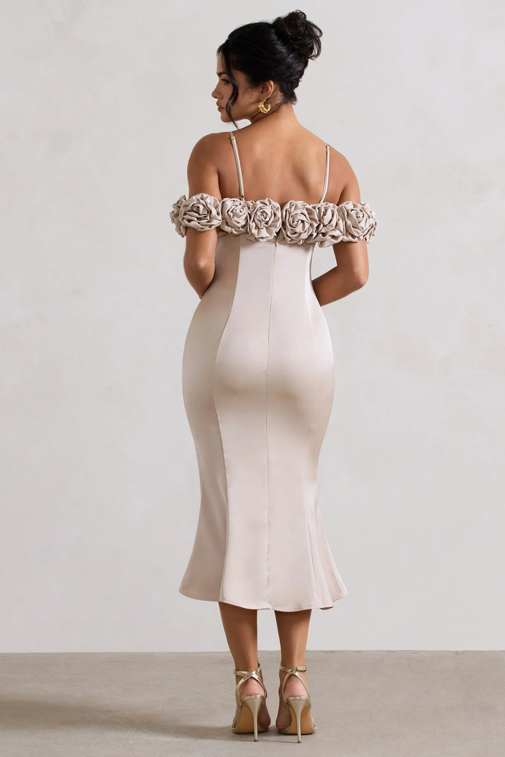 Petunia | Champagne Satin Floral Bardot Midi Dress