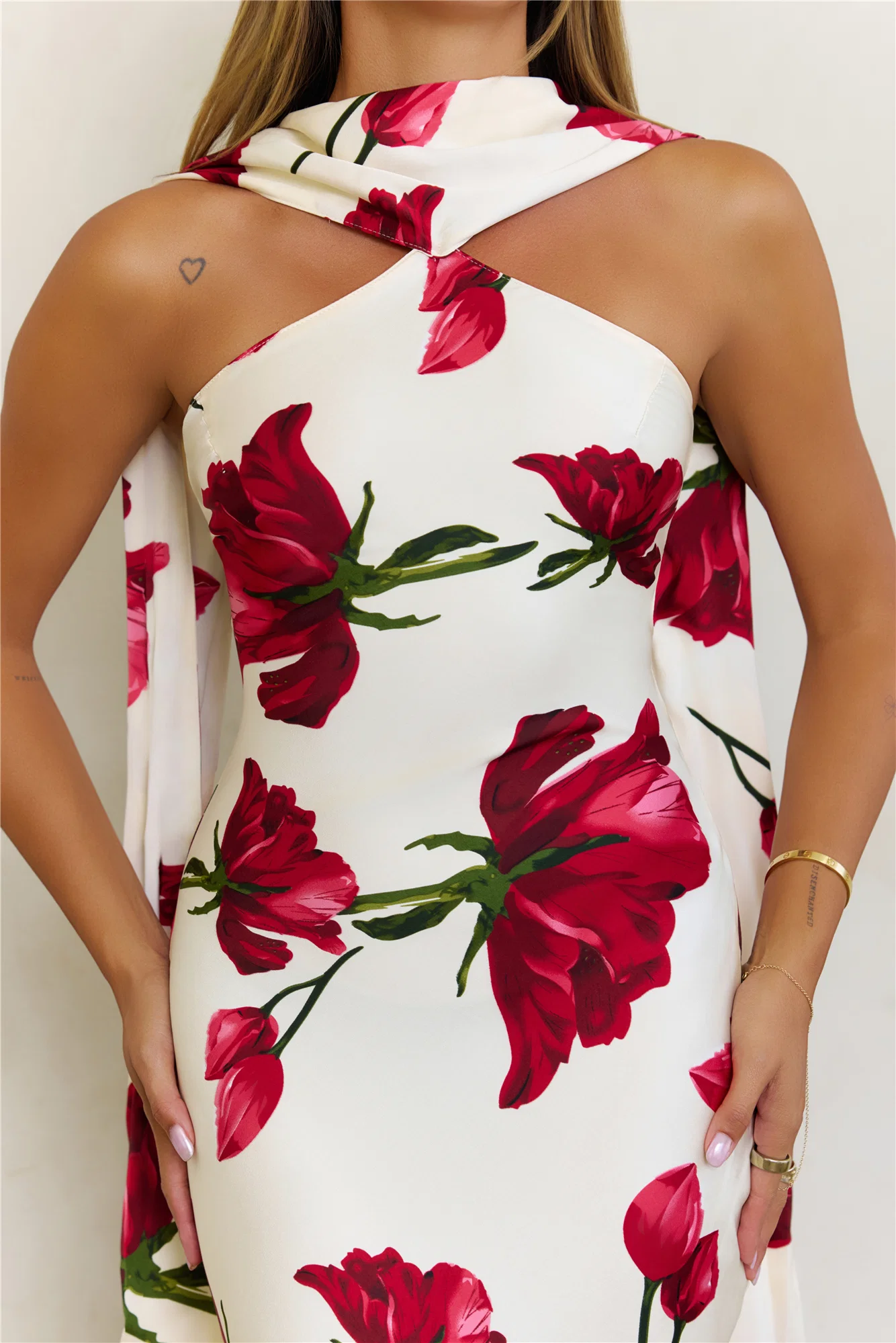 Elegant Satin Neck Scarf Maxi Dress Red