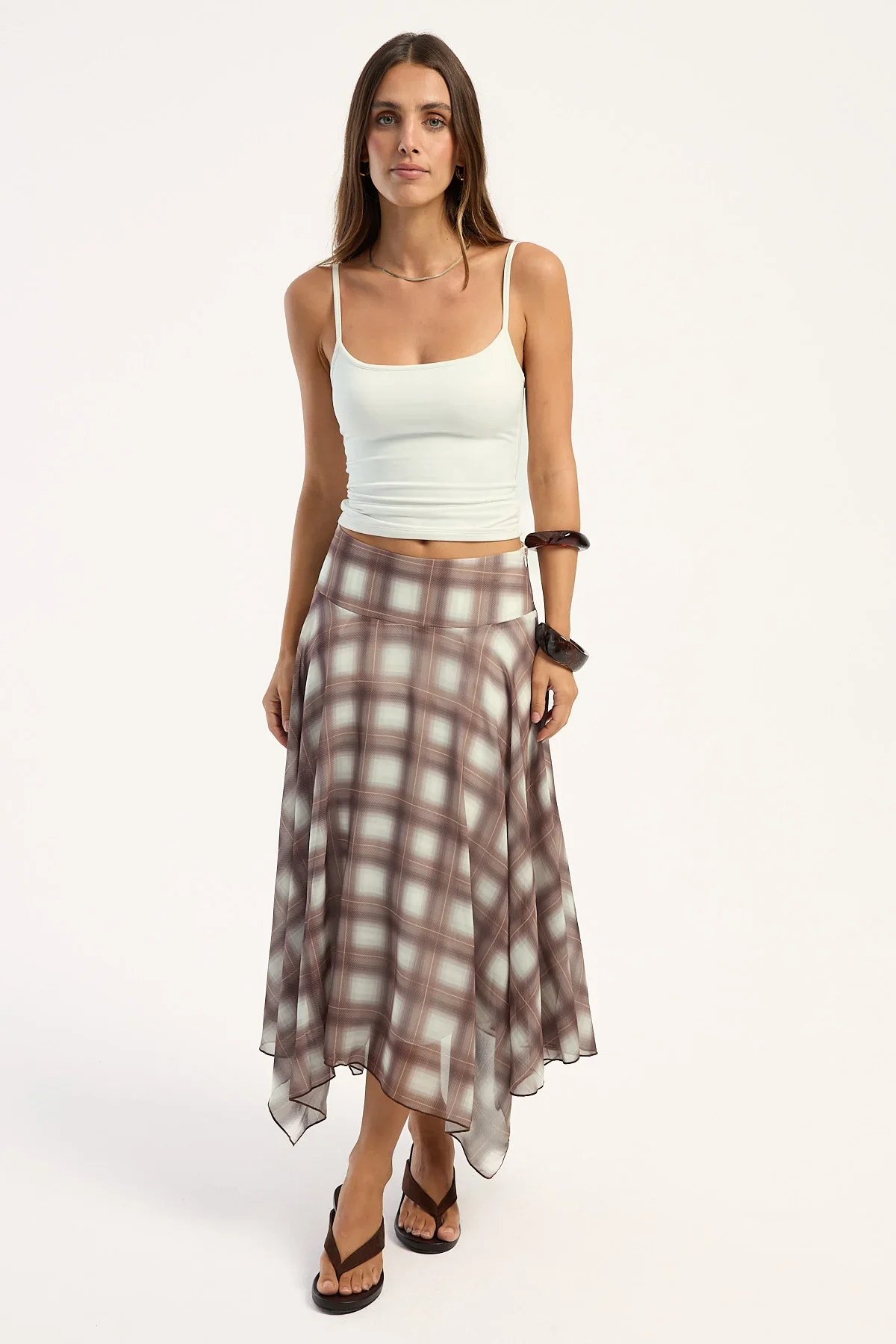 Luck & Trouble Rocco Asymmetrical Check Midi Skirt Brown Check