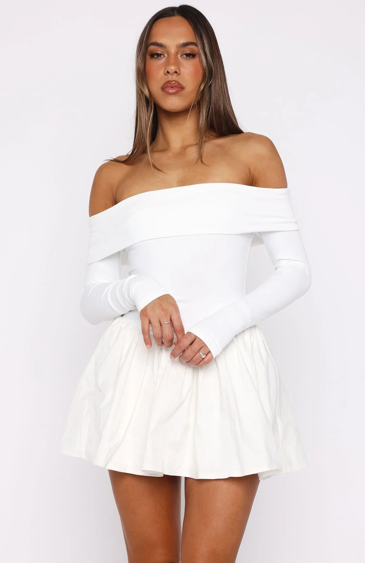 Big Reveal Long Sleeve Mini Dress Off White