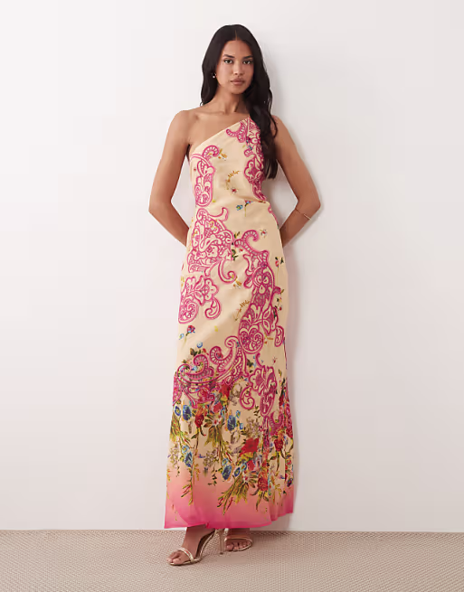 cutwork floral printed one shoulder bias cut maxi dress