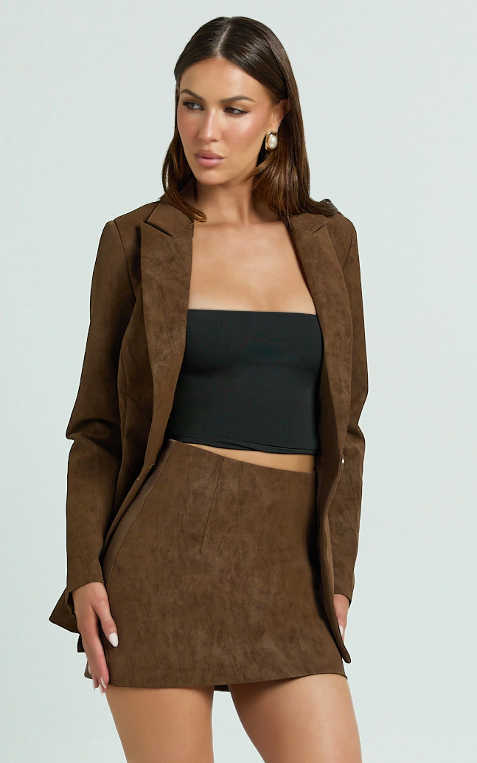 Gretchen Mini Skirt - High Rise Faux Suede Skirt in Brown