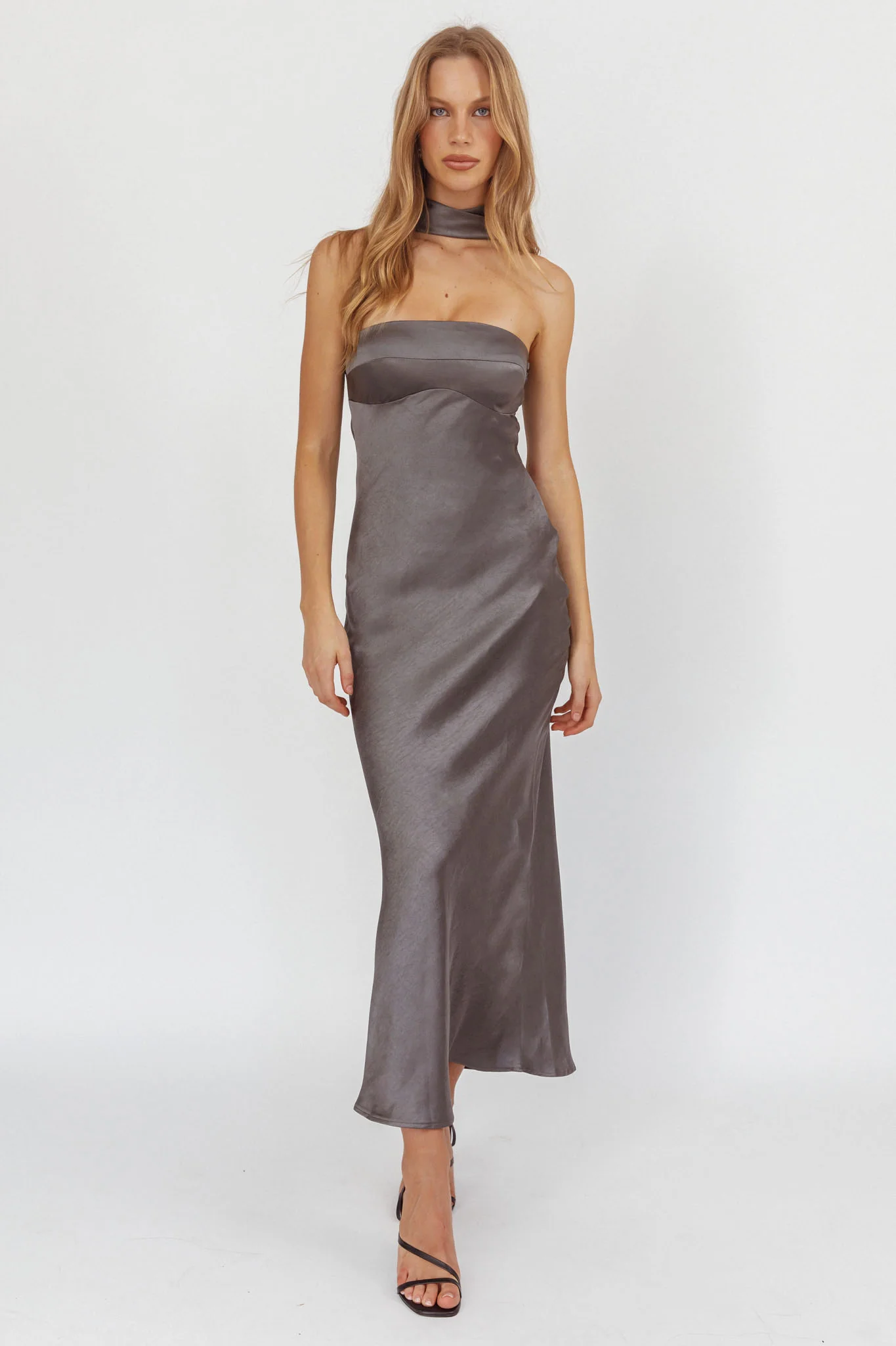 Damsel Reverse Halter Maxi Dress Satin Charcoal - luluinthesky