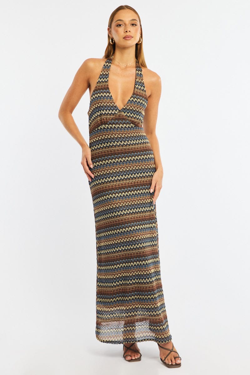 Multi Stripe Midi Dress Halter Neck