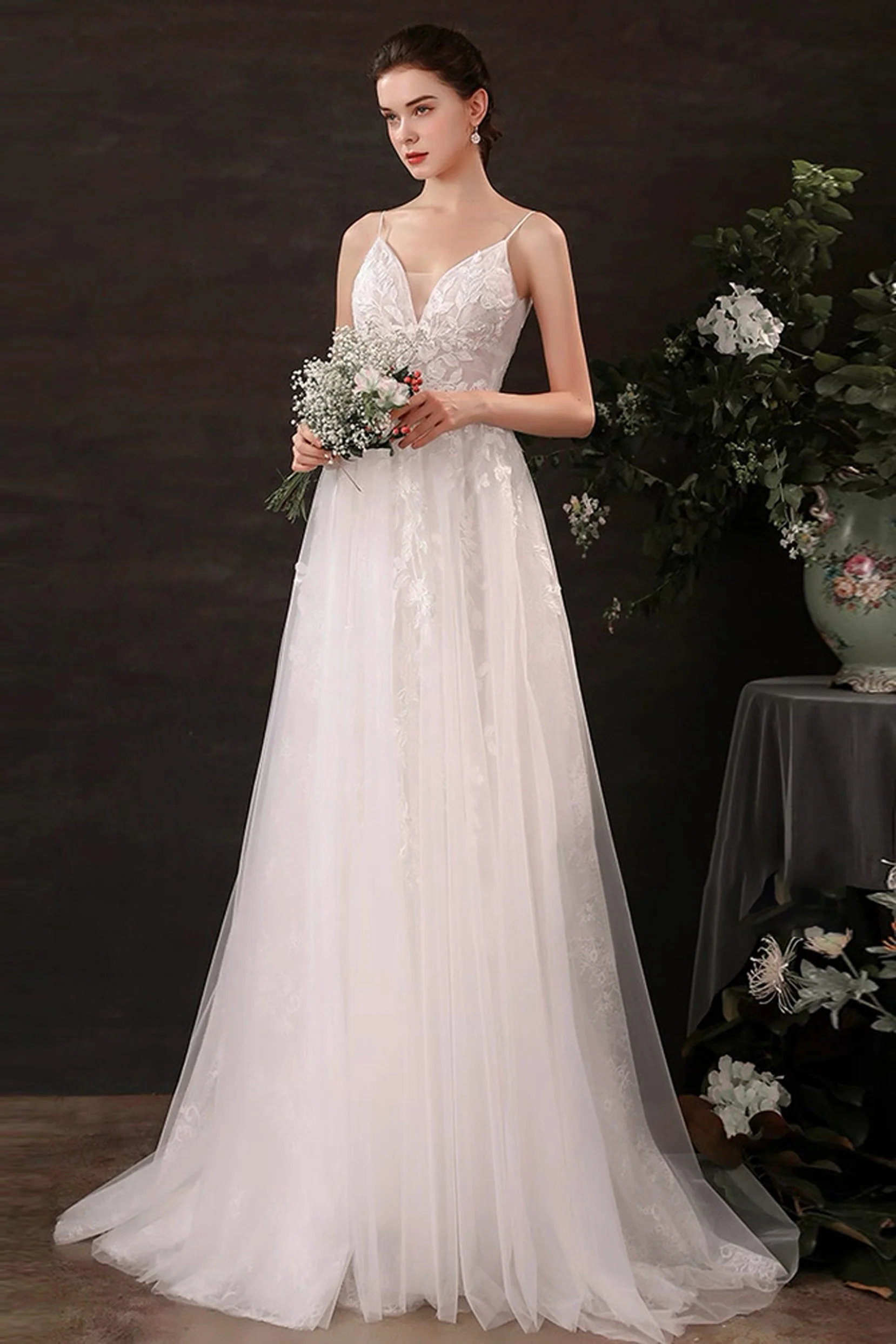A-Line Floor Length Lace Tulle Wedding Dress CW3119