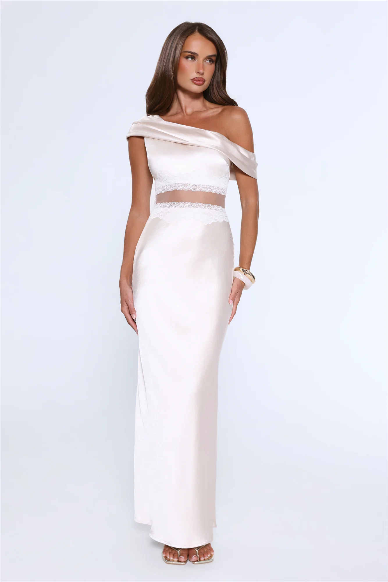 Under Candlelights Off Shoulder Satin Maxi Dress Champagne
