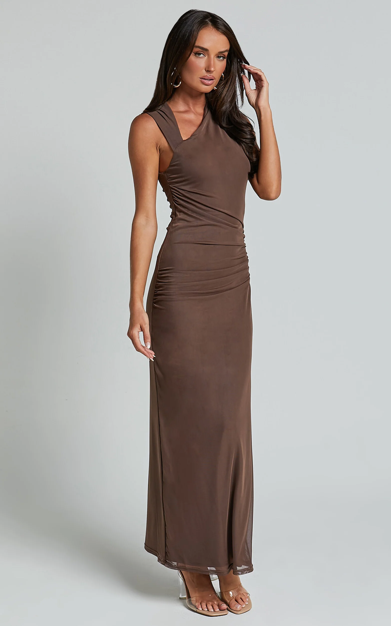 Lara Midi Dress - Asymmetrical Ruched Mesh Dress in Chocolate