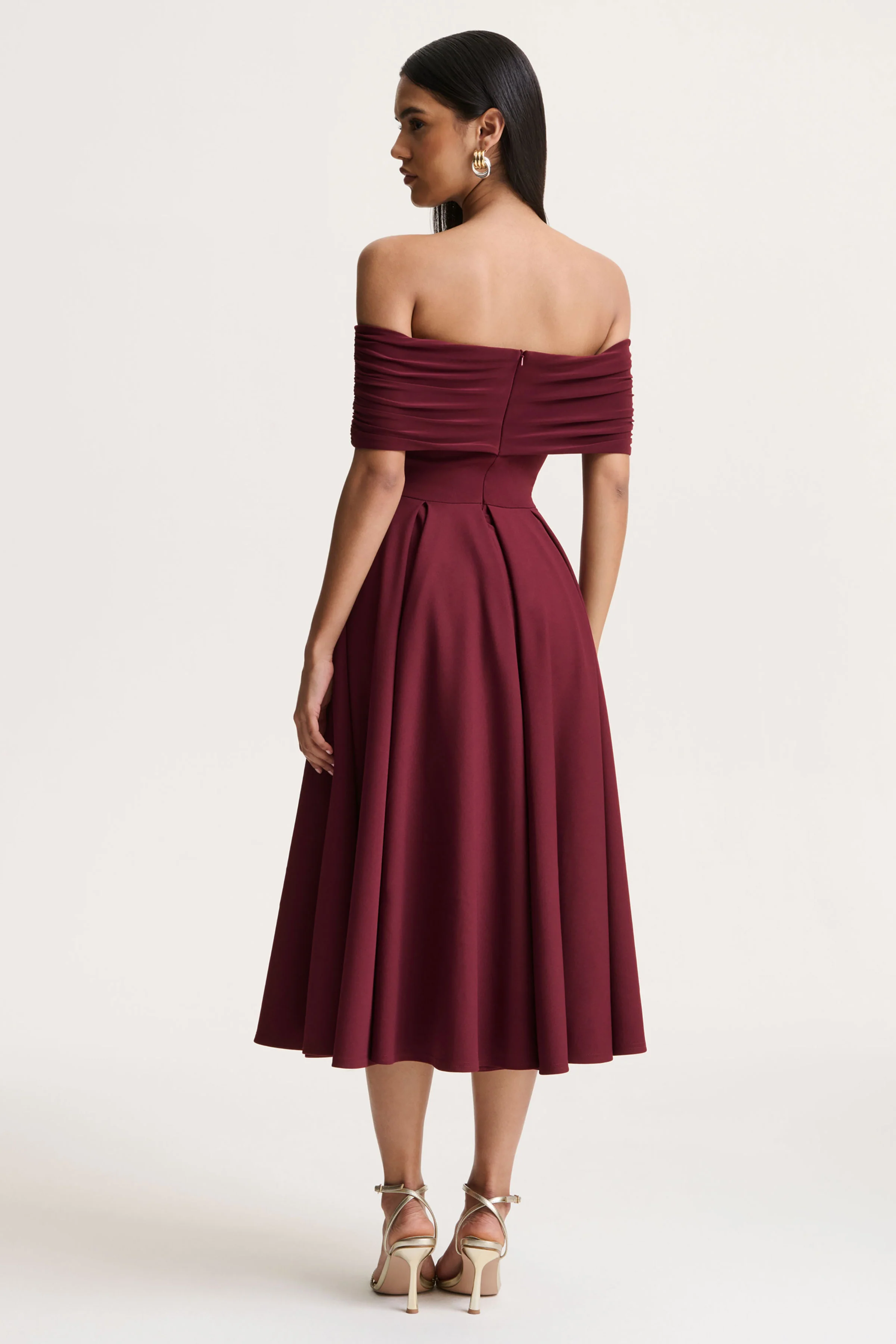 Dearest | Burgundy Bardot-Neck Midi Dress