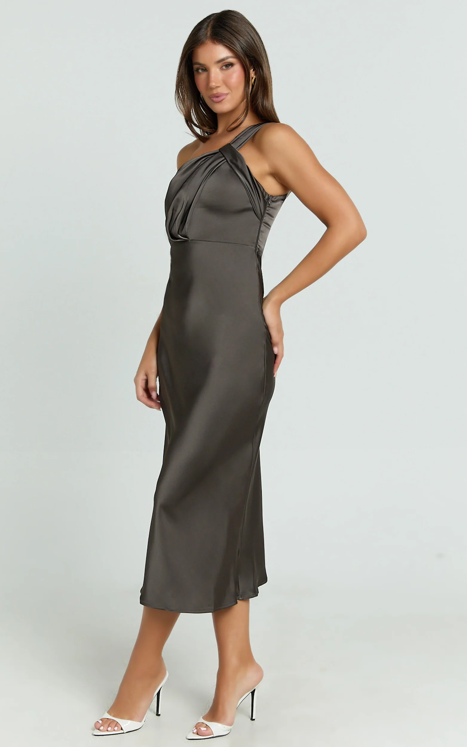 Aria Midi Dress - One Shoulder Twist Detail Satin Bias Cut Dress in Espresso