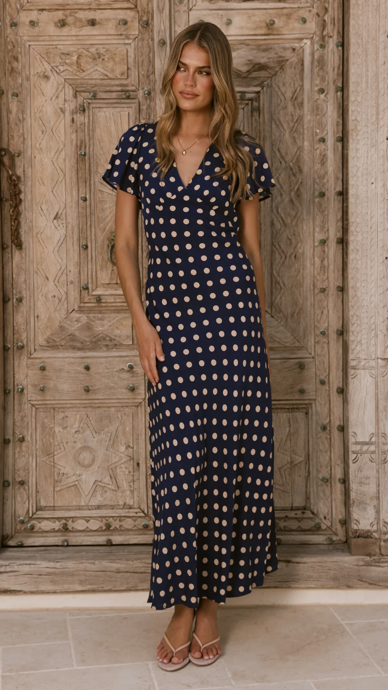 Georgianna Flutter Sleeve Maxi Dress - Navy/Cream Spot
