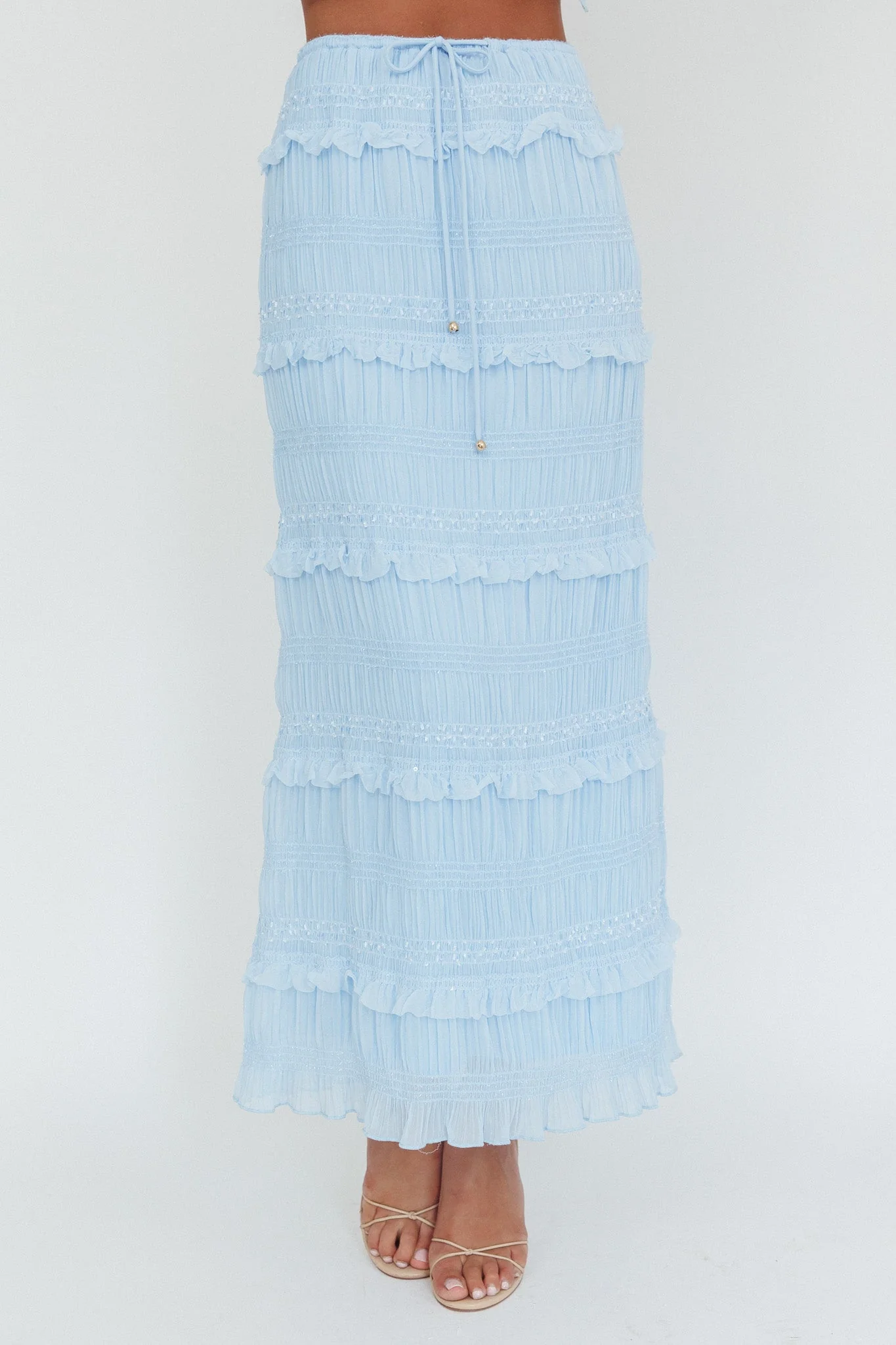 Helios Shirred Sequin Maxi Skirt Blue