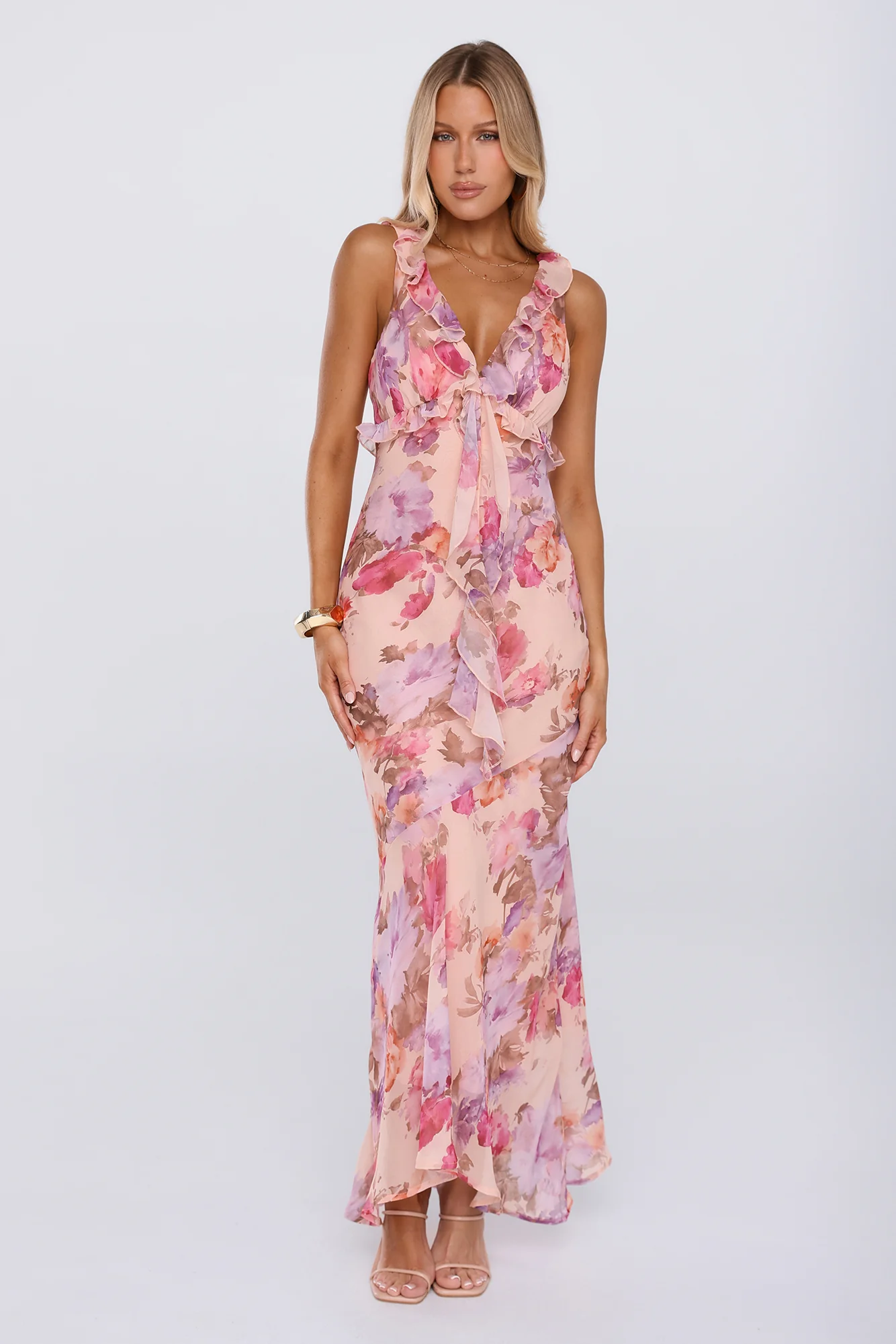 Sweet Escape Frill Floral High Low Maxi Dress Peach