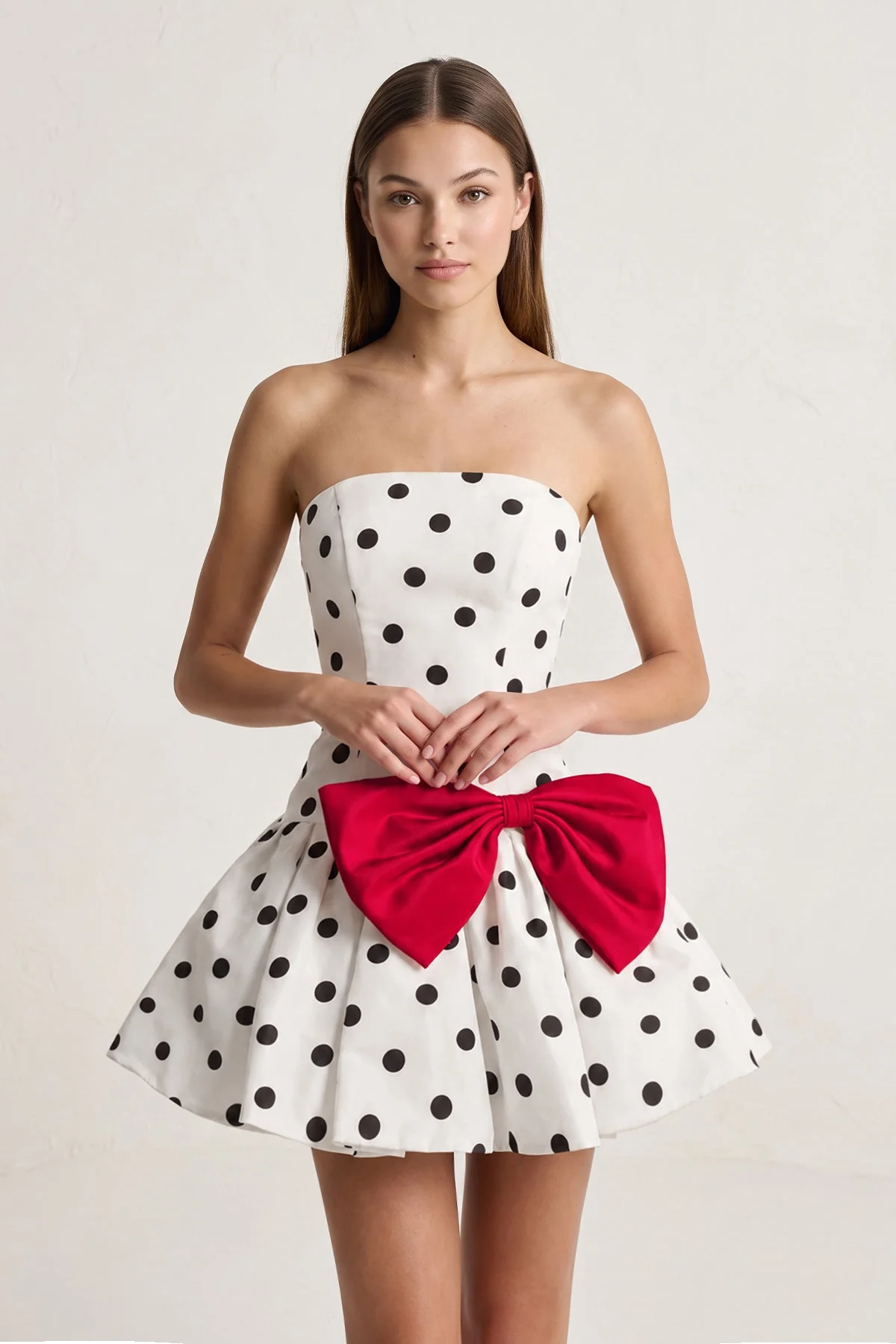 Fuchsia Bowknot A-Line Strapless Polka Dots Satin Homecoming Dress