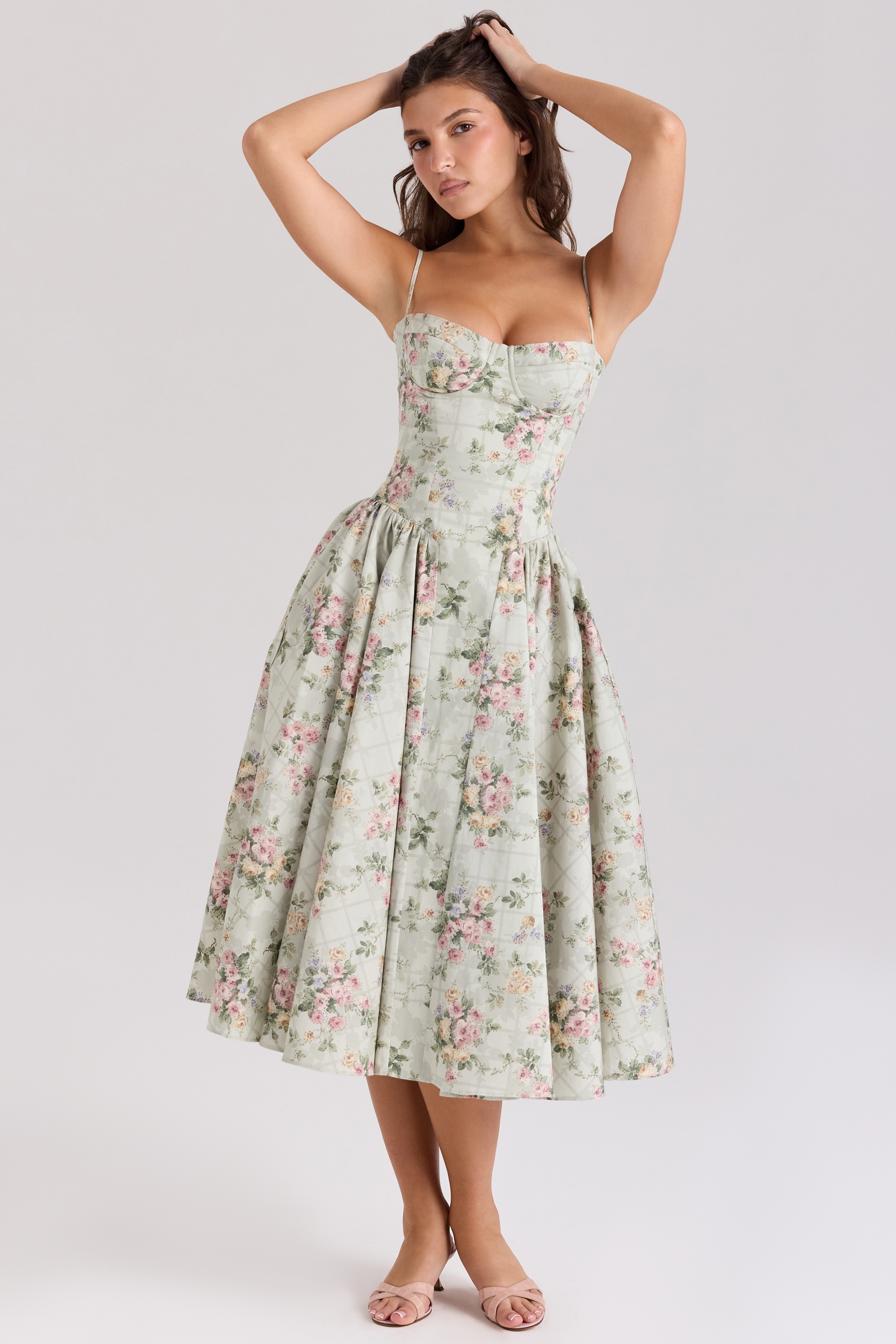 Sage Floral Print Cotton Midi Dress