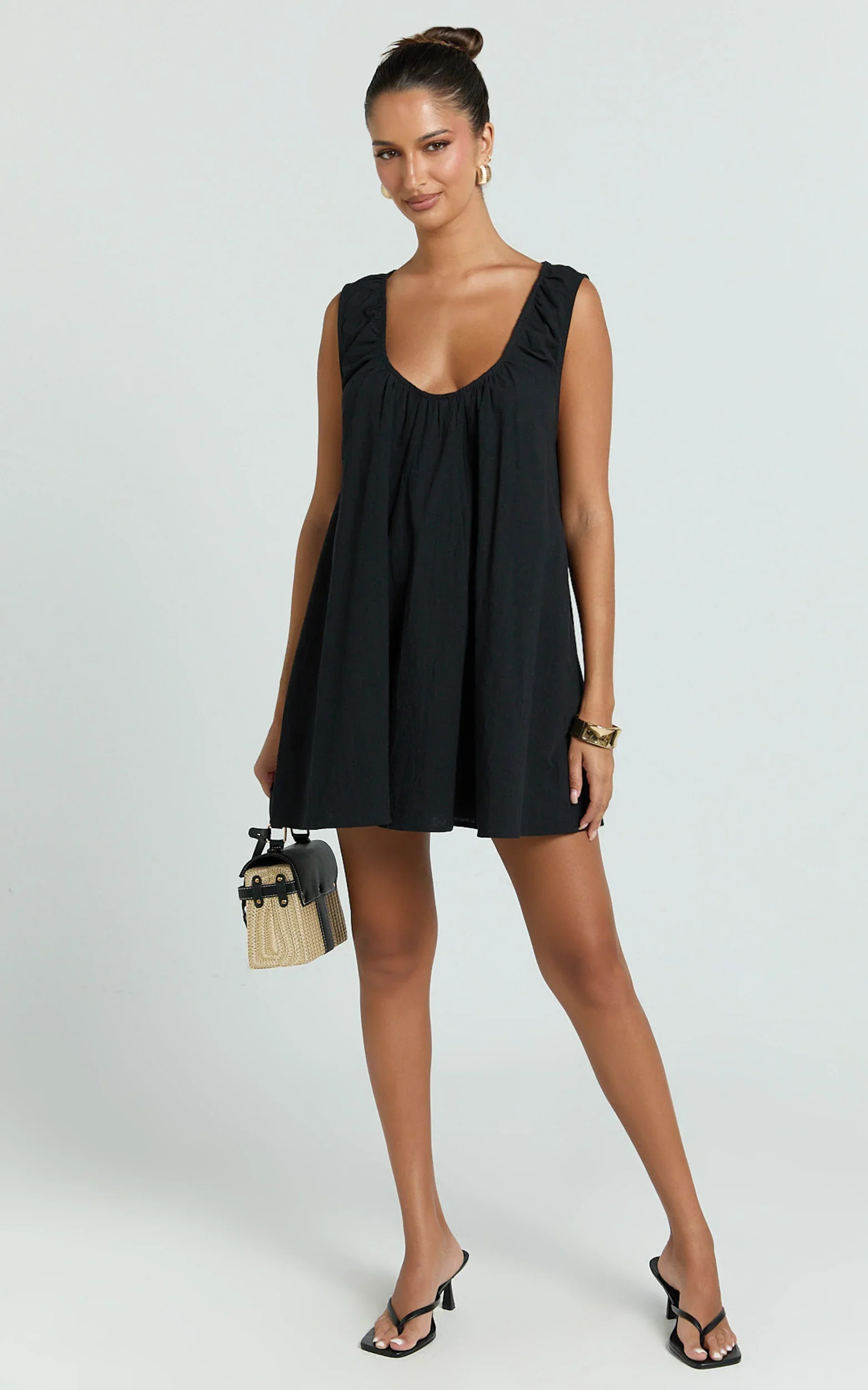 Lucinda Mini Dress - Deep U Gathered Neck Smock Dress in Black