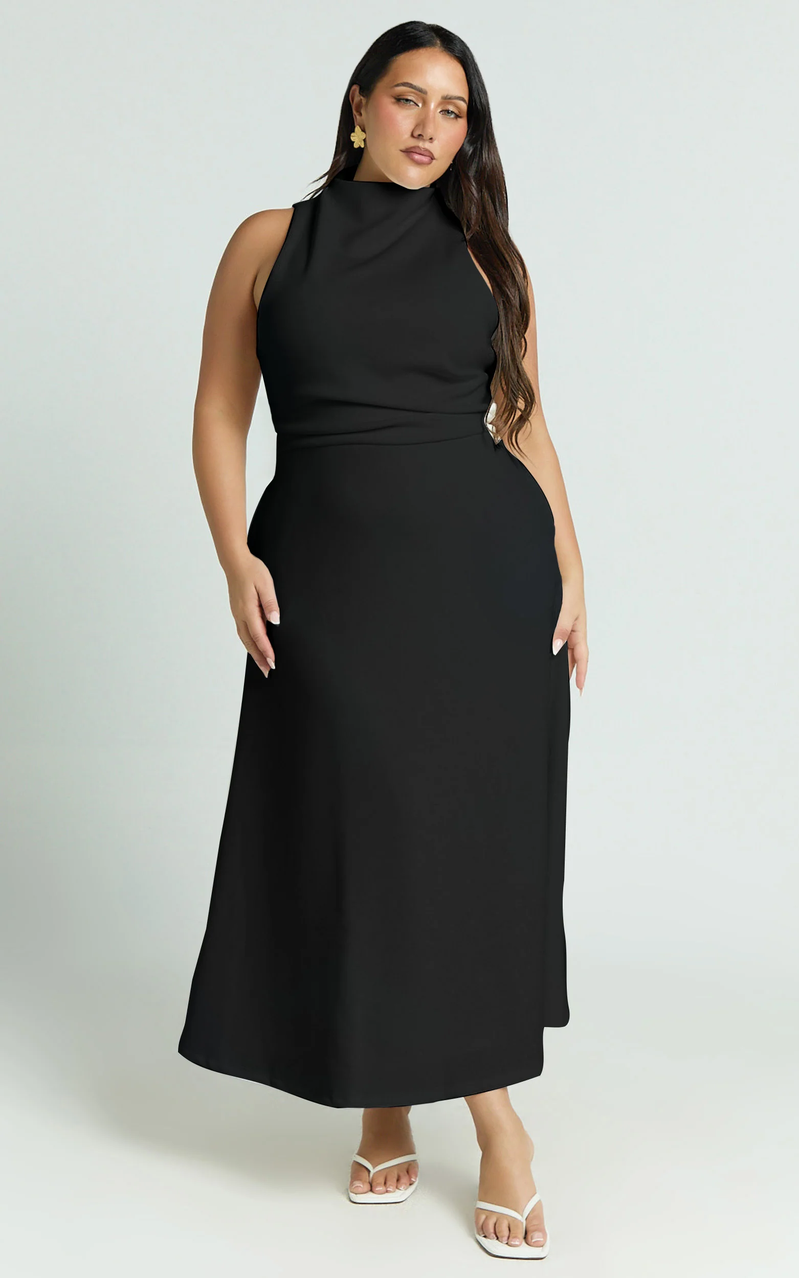 Macy Midi Dress - High Neck A Line Dress in Black