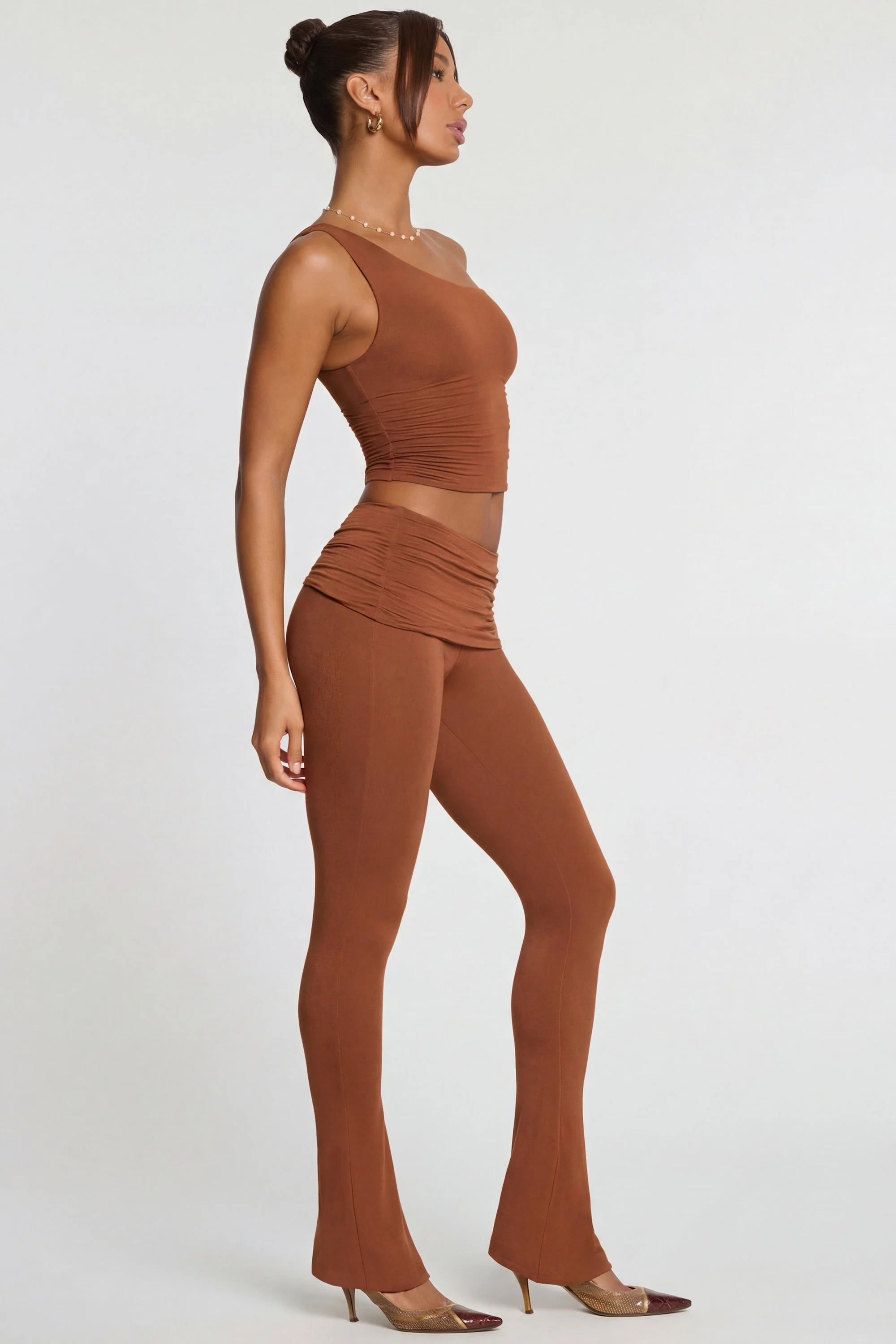 Mid Rise Modal Cashmere Blend Trousers in Chestnut Brown