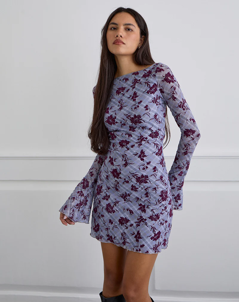 Sevila Long Sleeve Mini Dress in Lotus Flock Checked Lavender