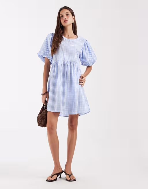 PIECES volume sleeve mini dress in blue and white gingham