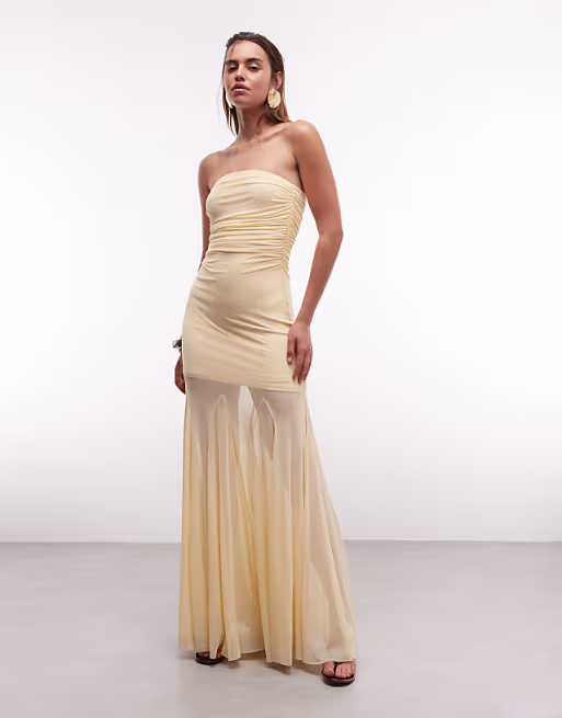 Aria Cove liquid chiffon bandeau ruched detail sheer hem maxi dress in lemon
