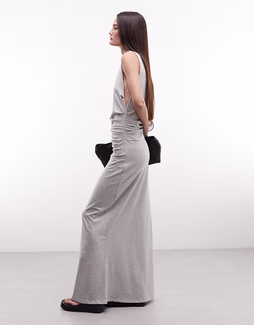 Weekday dropped armhole maxi dress with ruched detail in gray melange