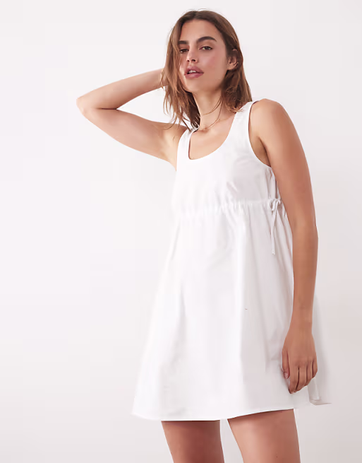 channel elastic trapeze mini dress in white