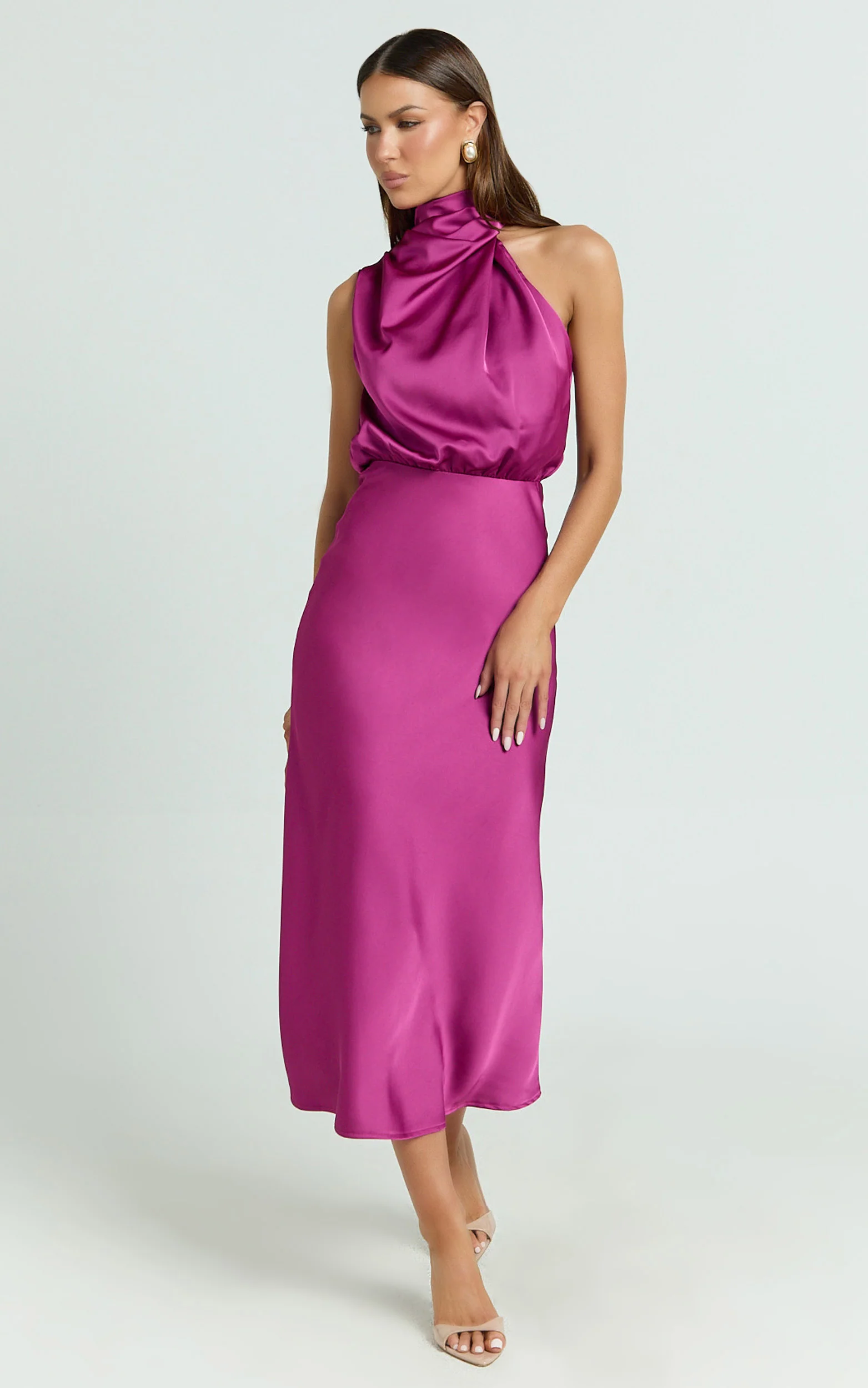 Minnie Midi Dress - Drape Neck Satin Slip Dress in Purple