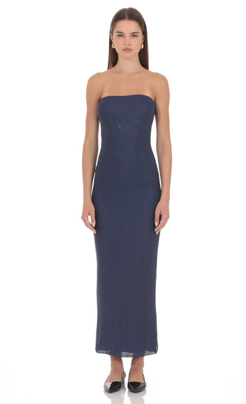 Strapless Rhinestone Maxi Dress in Navy