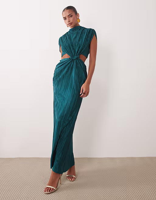 batwing plait ruched waist plisse dress in blue teal