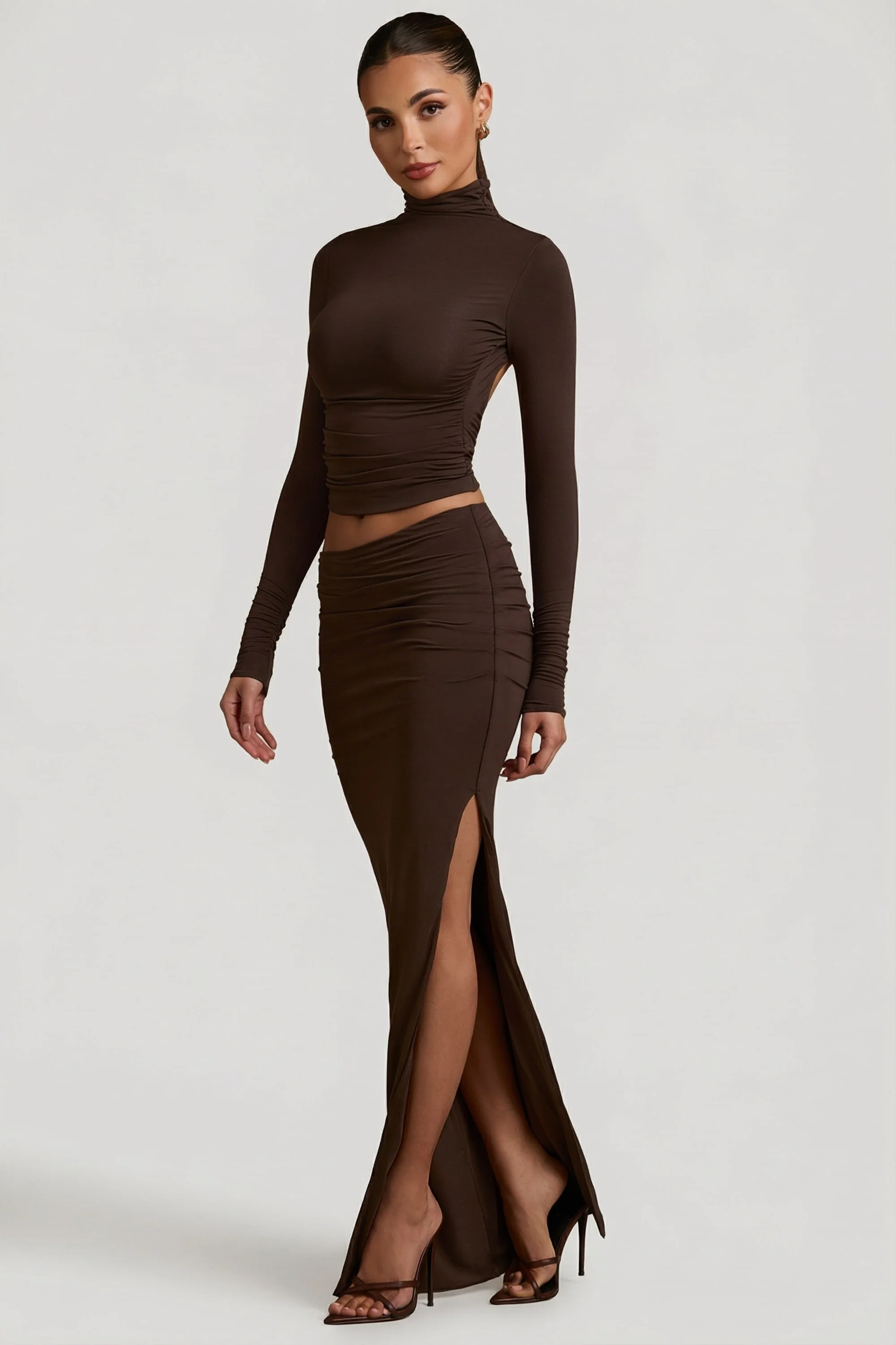 Modal Asymmetric-Waist Maxi Skirt in Chocolate Brown