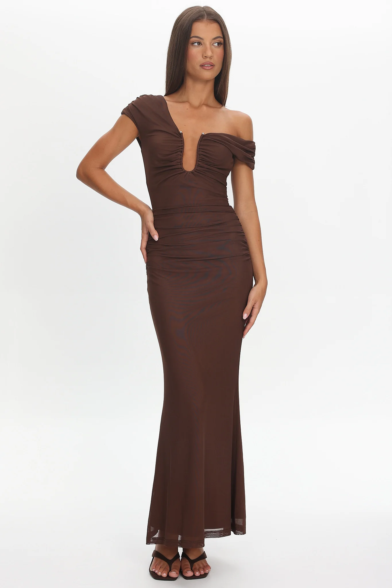 Raeva Ruched U-Neckline Maxi Dress Chocolate - luluinthesky