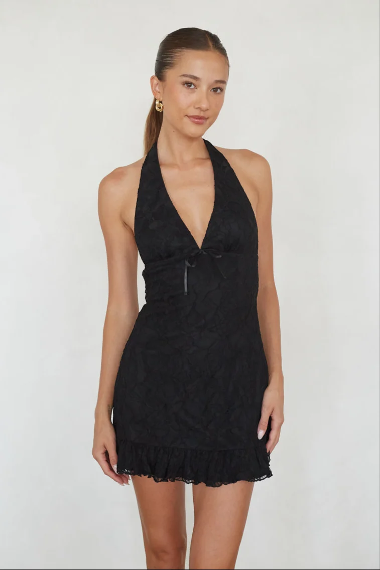 Fleur Lace Halter Ruffled Mini Dress