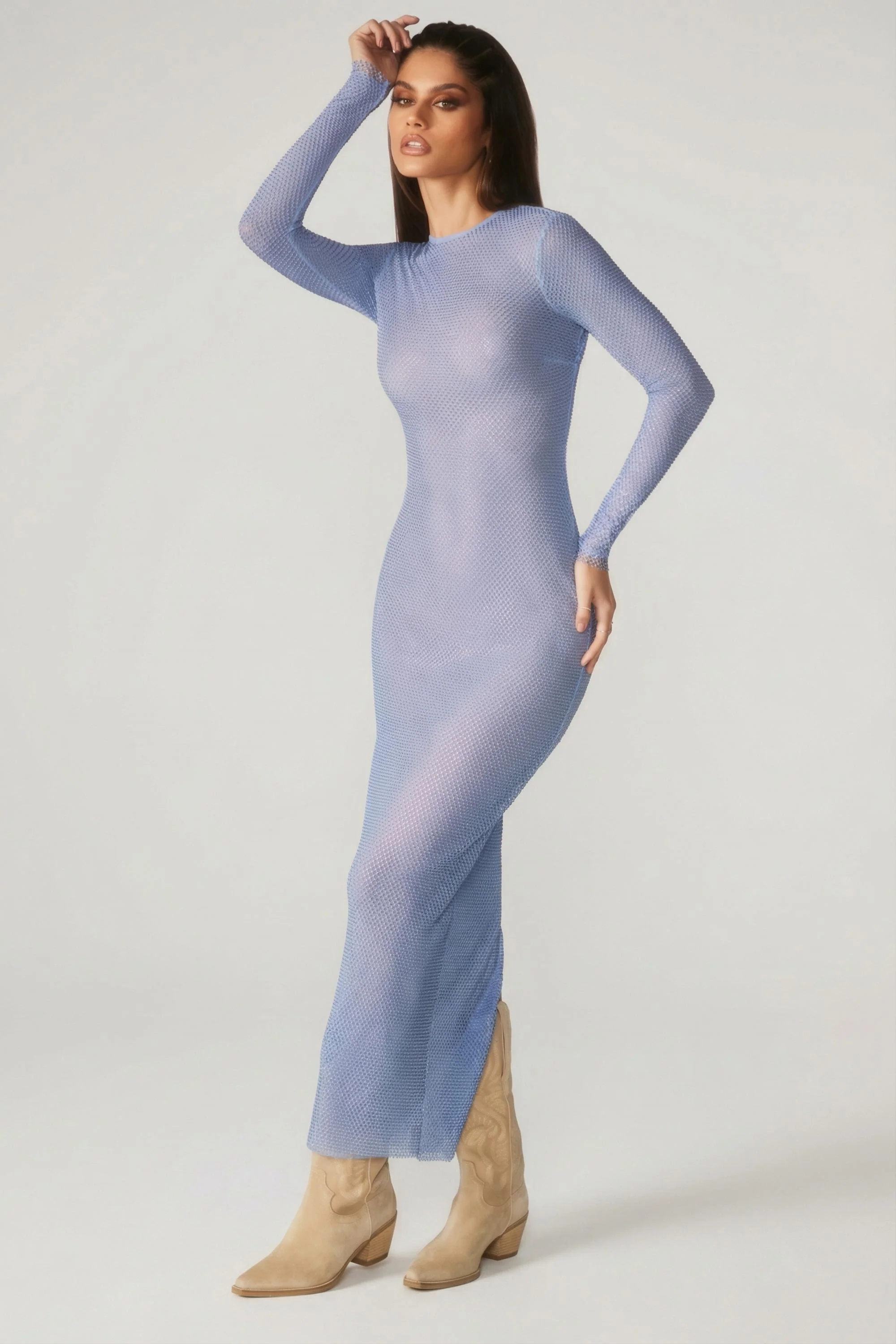 Embellished Long Sleeve Maxi Dress in Blue