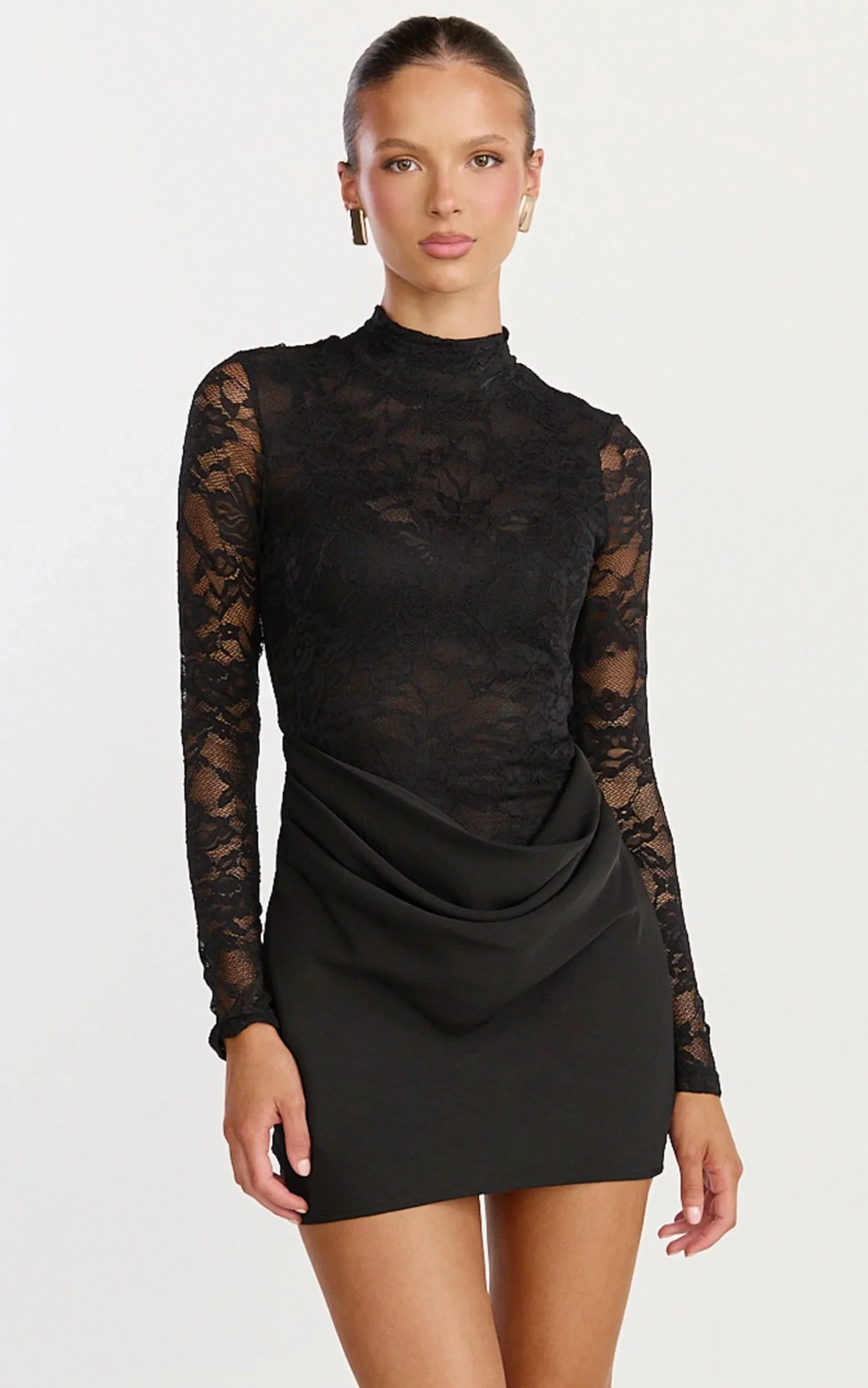 Thalassa Mini Dress - Turtle Neck Long Sleeve Drape Bias Cut Dress in Black