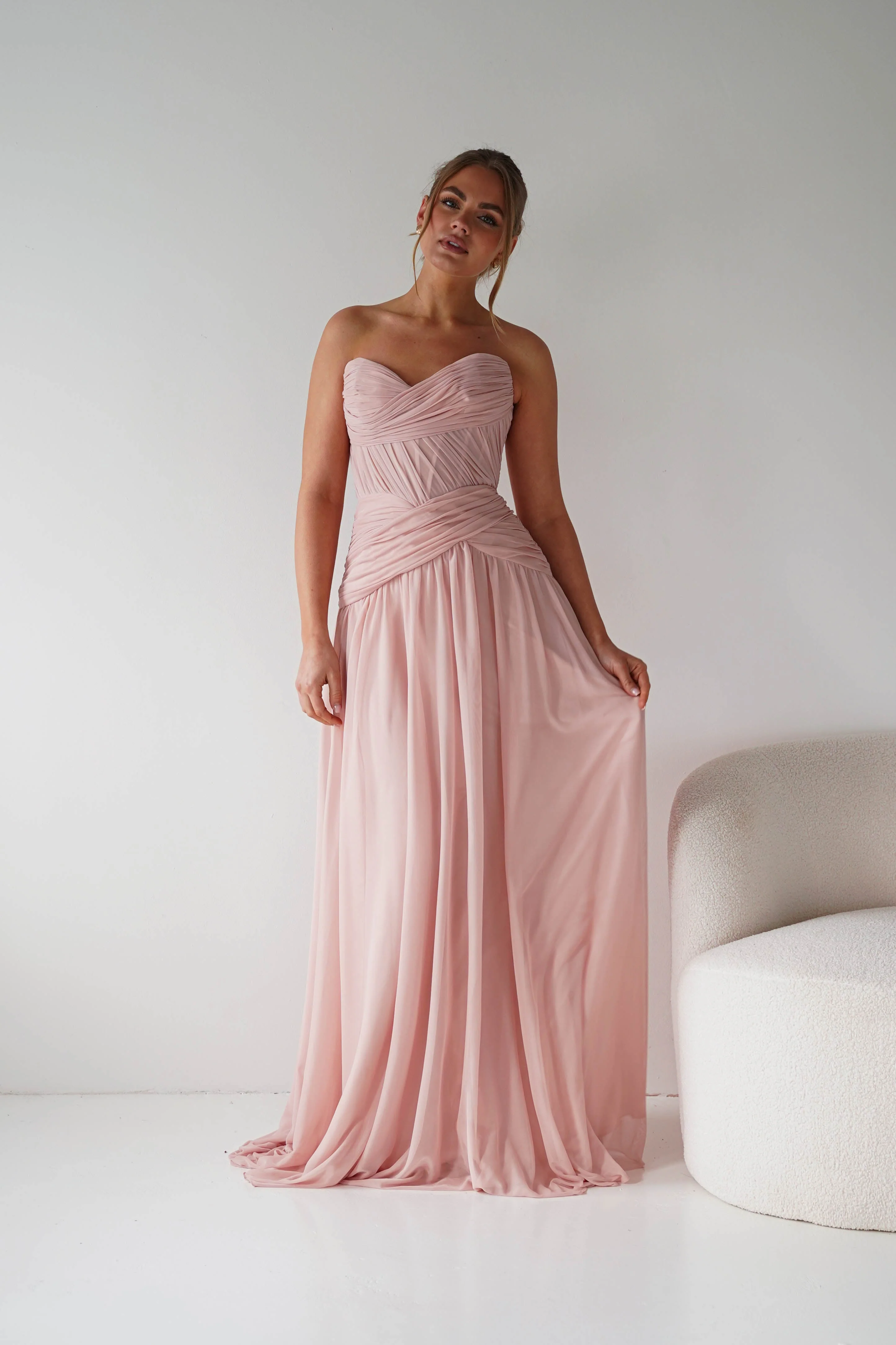 Nicolette Strapless Chiffon Maxi Gown | Blush