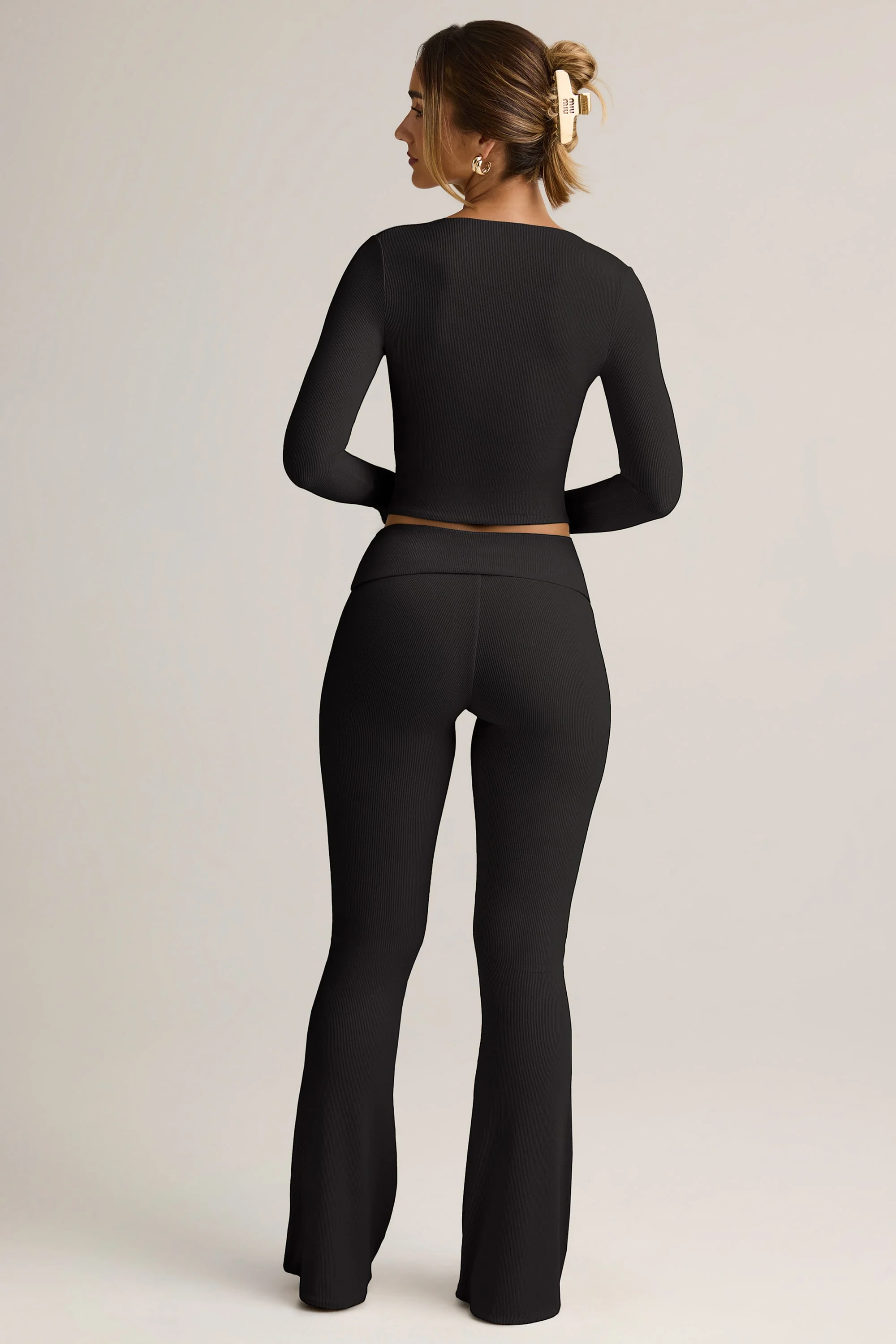 Modal Ribbed Foldover Flared Trousers in Black