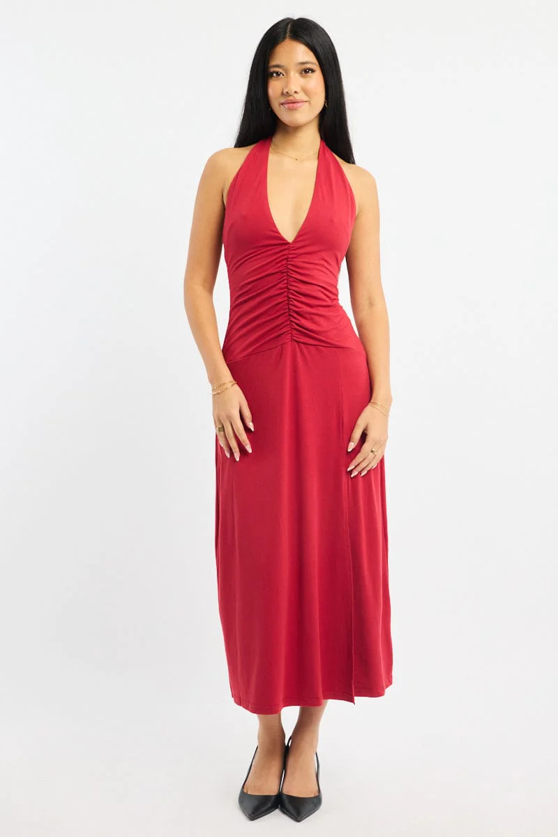Red Halter Neck Midi Dress